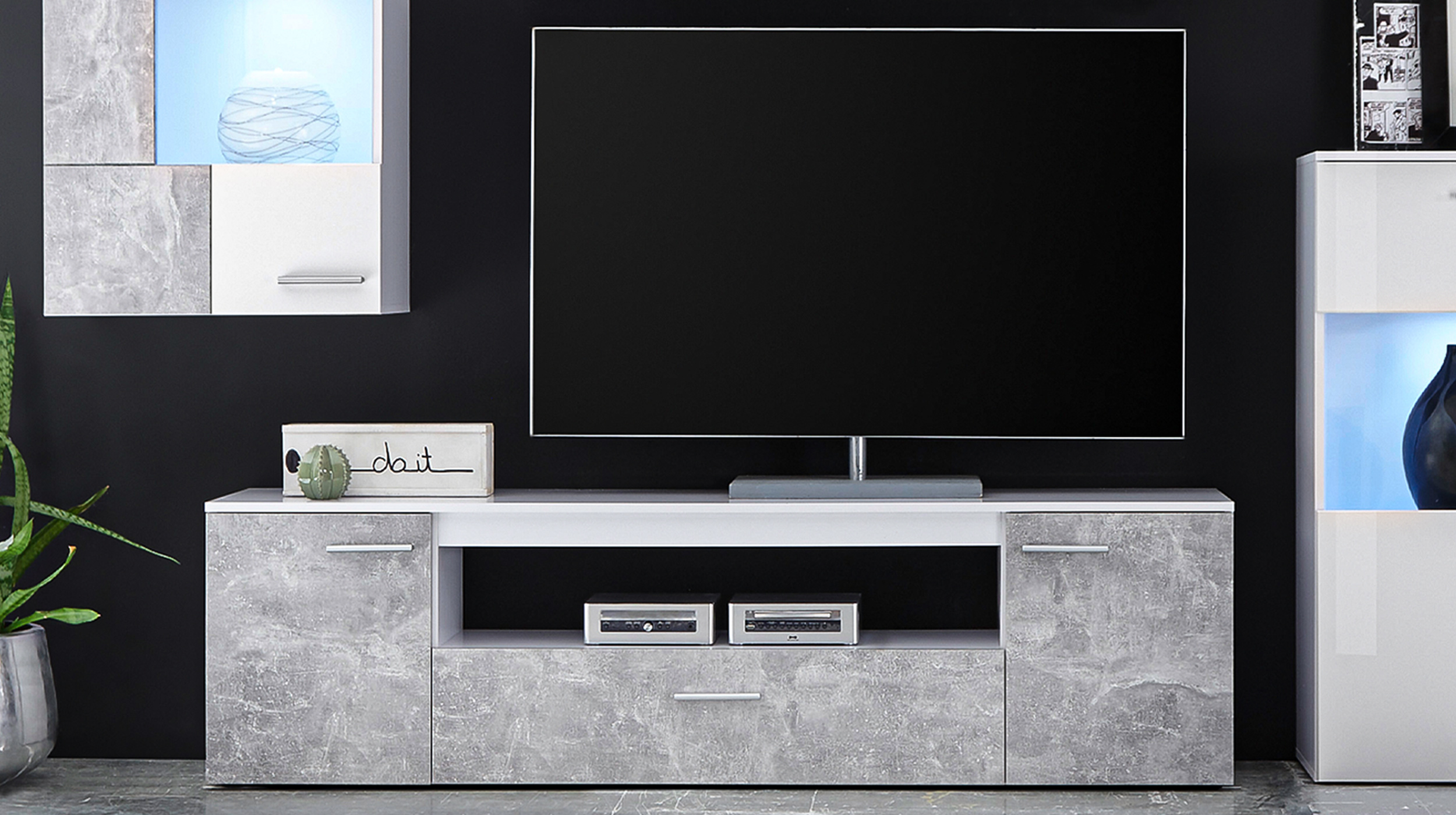 Wohnwand weiß - Betonoptik 290 cm mit LED-Beleuchtung - VULCAN