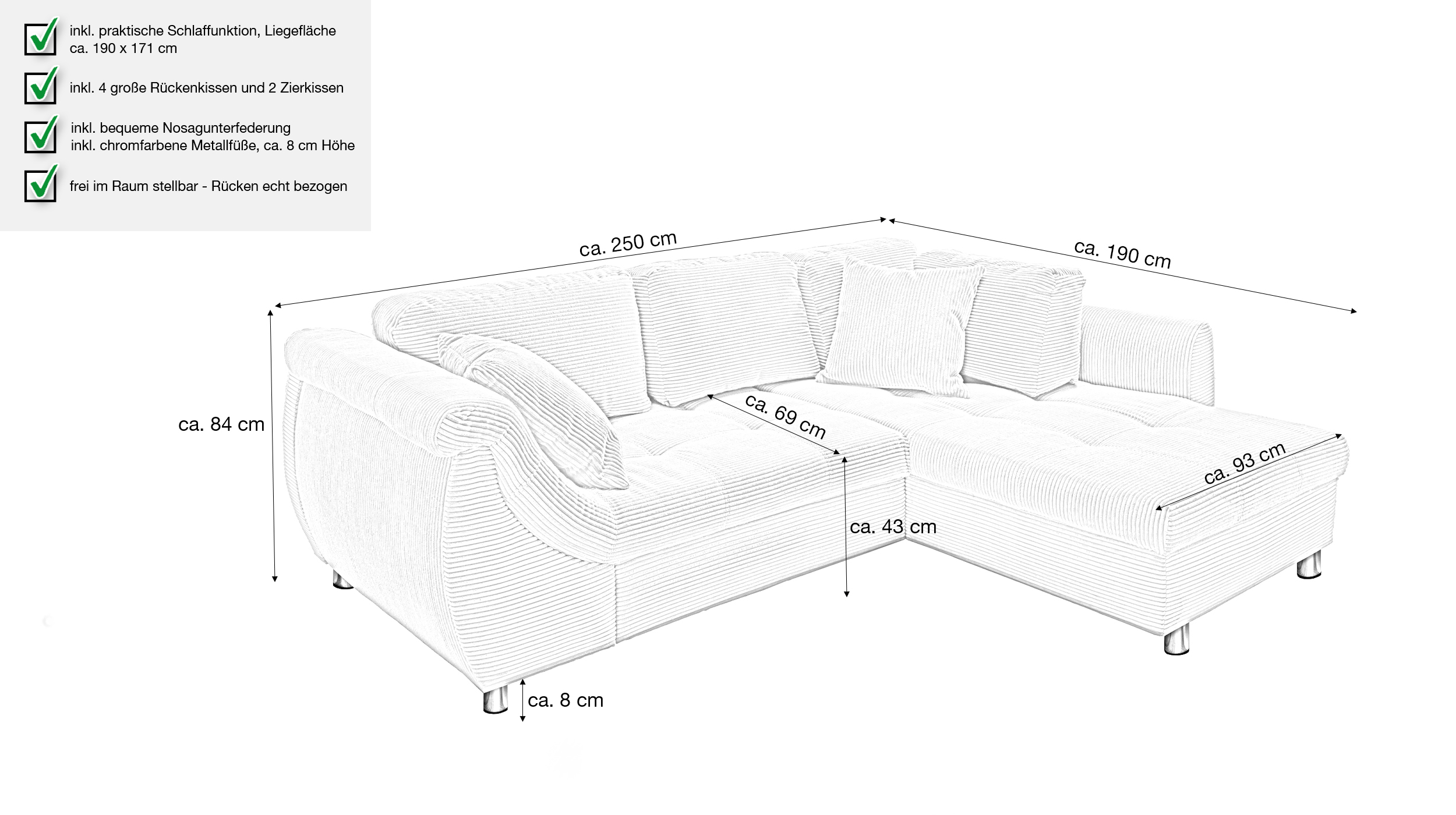 Ecksofa Cord beige Schlaffunktion OT rechts - LUNARO