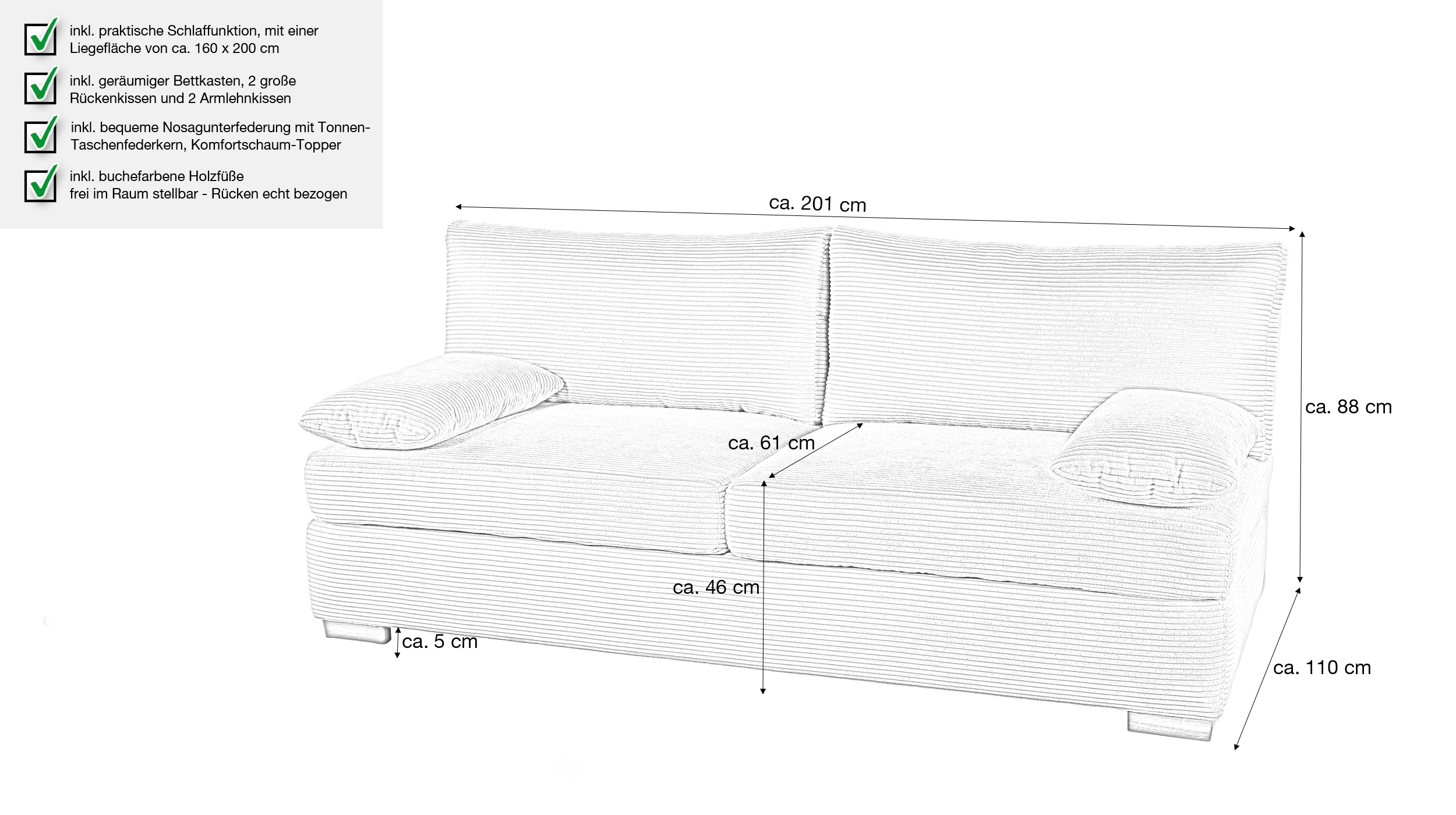 Schlafsofa Bettkasten Cord grau-beige 201 cm Dauerschläfer - DERBY