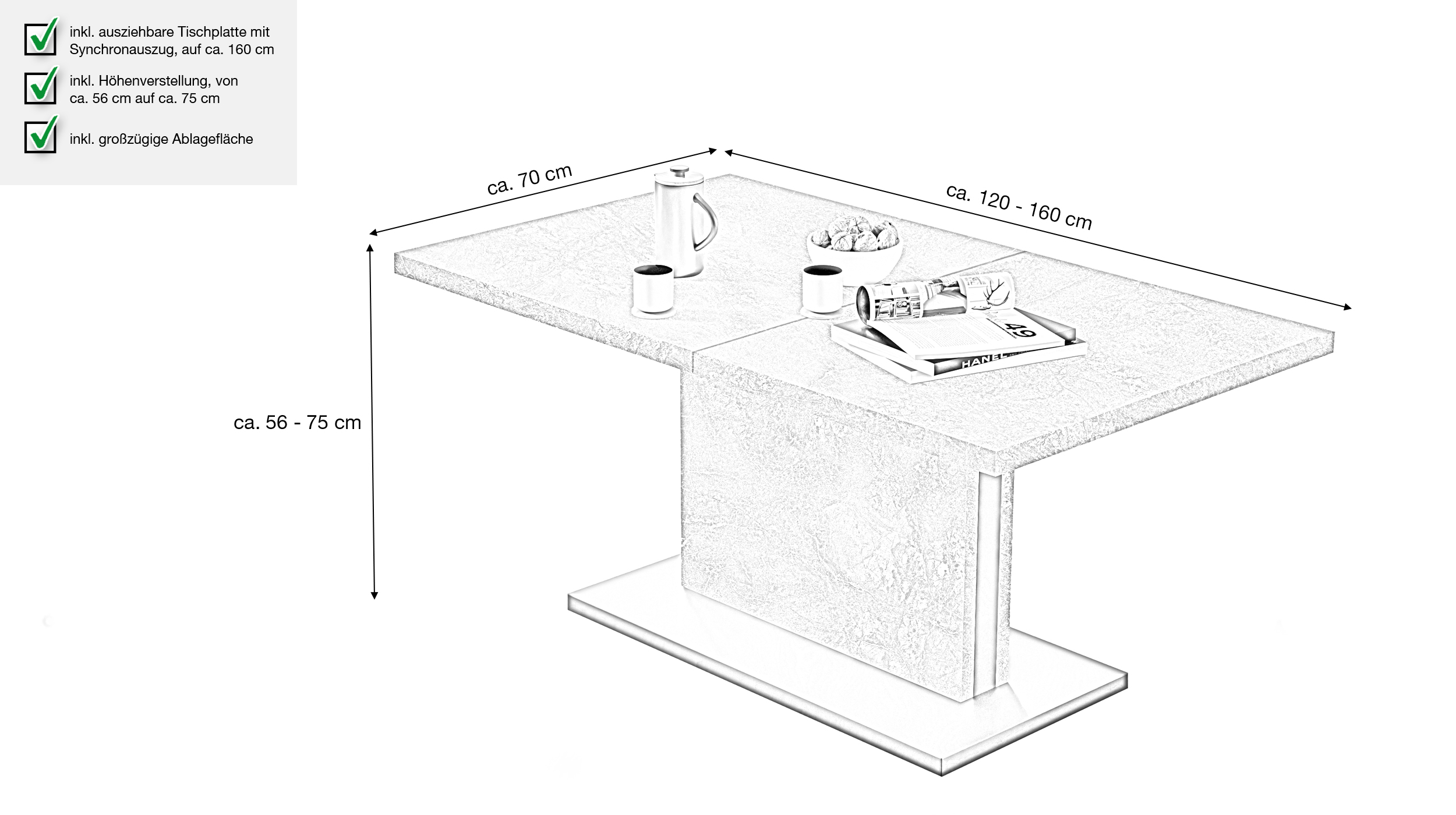 Couchtisch ausziehbar - grau - 120/160 cm - höhenverstellbar - LIFT