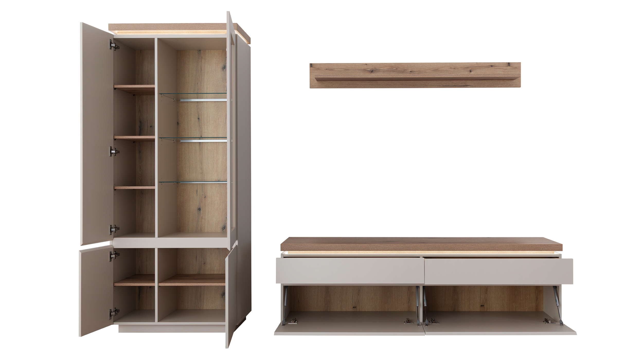 Wohnwand beige - Evoke Eiche 278 cm - LED-Beleuchtung - REMOLINO