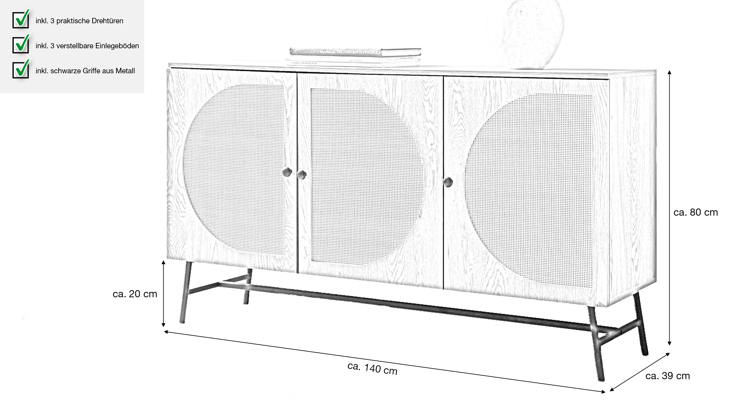 Sideboard Eiche Holzdekor - Polyrattan 140 cm - 3-türig - RATVAN