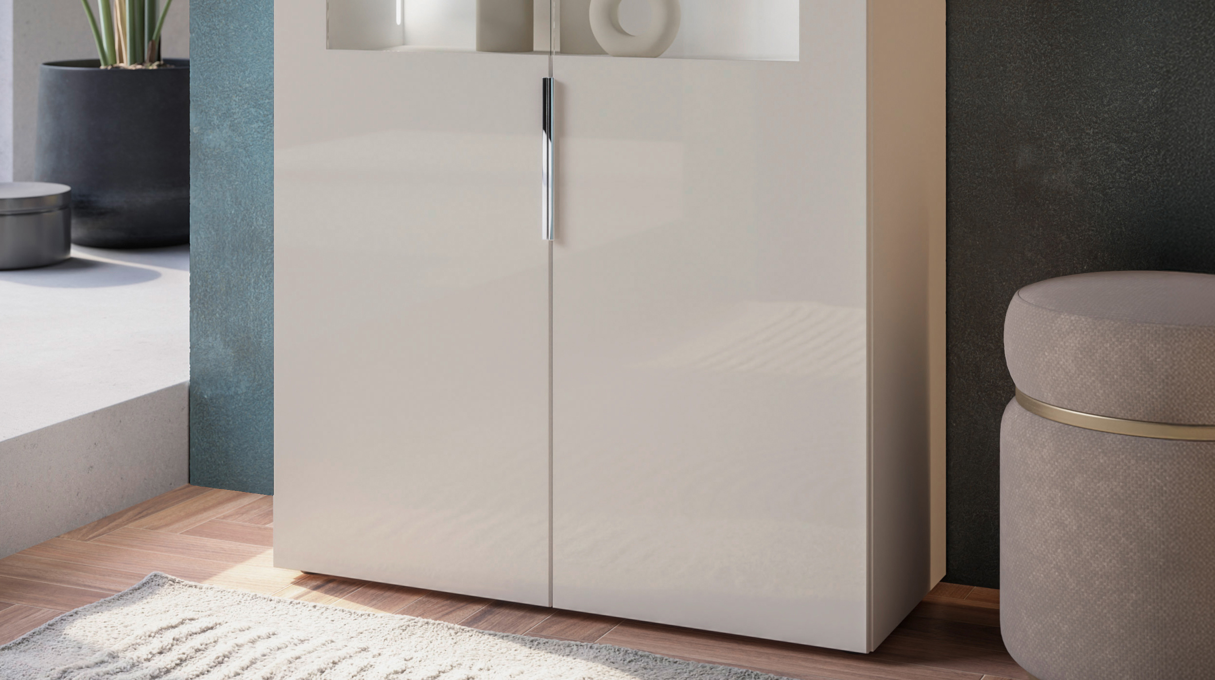 Vitrine mit Beleuchtung kaschmir-beige Glasfront - 90 cm - SANTORIN
