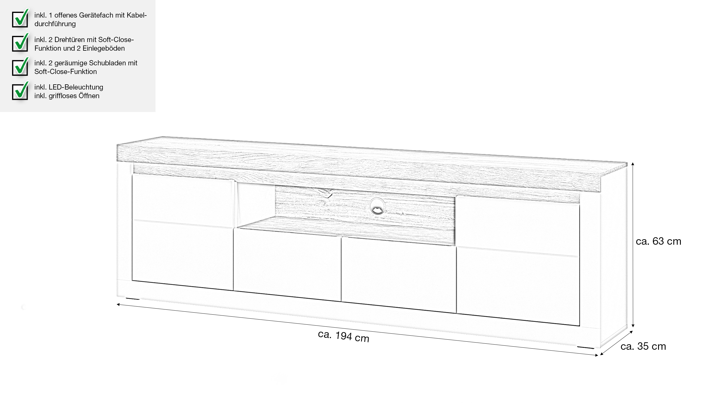 TV-Lowboard mit Beleuchtung Eiche beige - 194 cm - NAXXAR