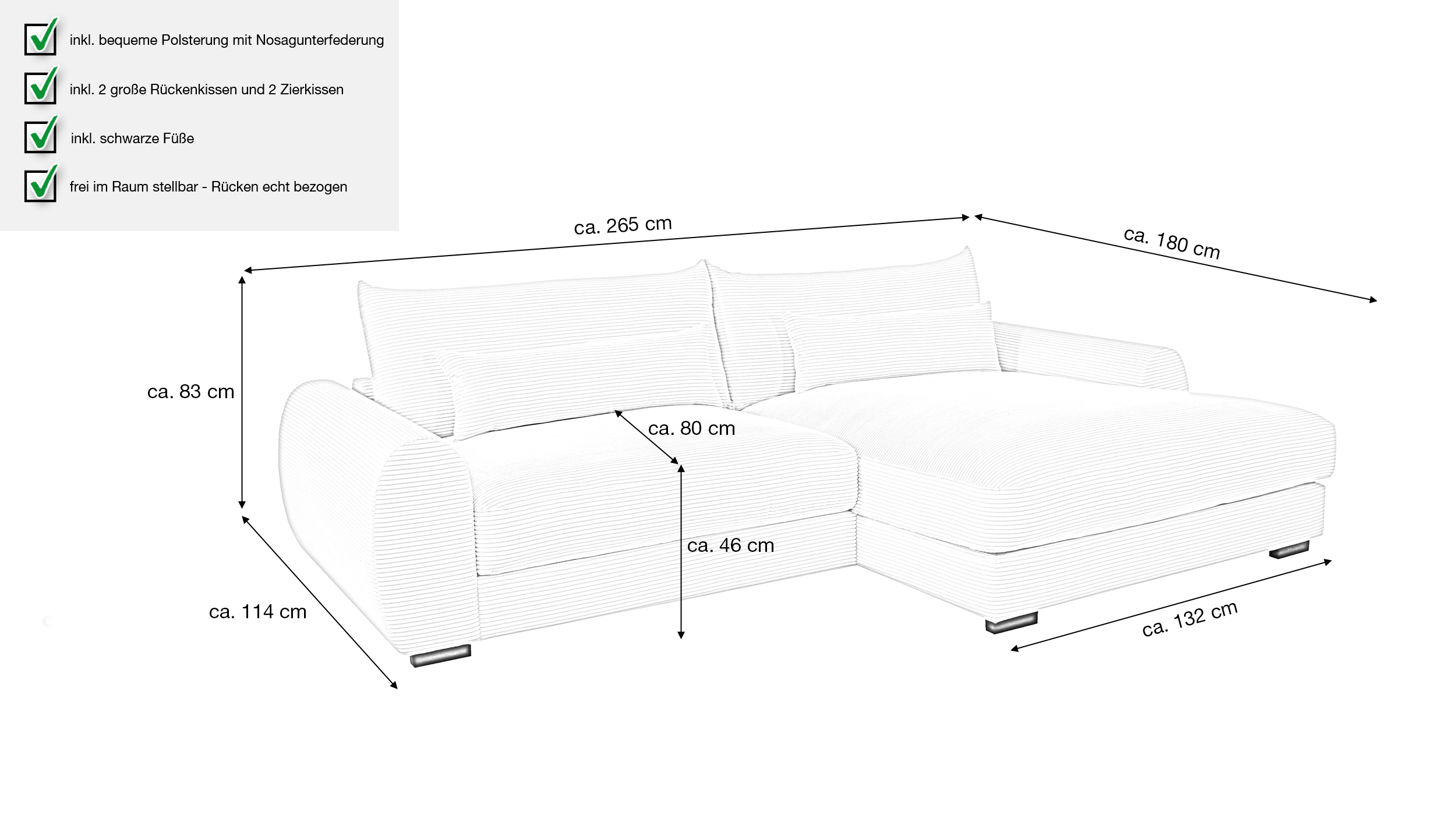 Ecksofa grau Cord 265 x 180 cm OT rechts - MARK