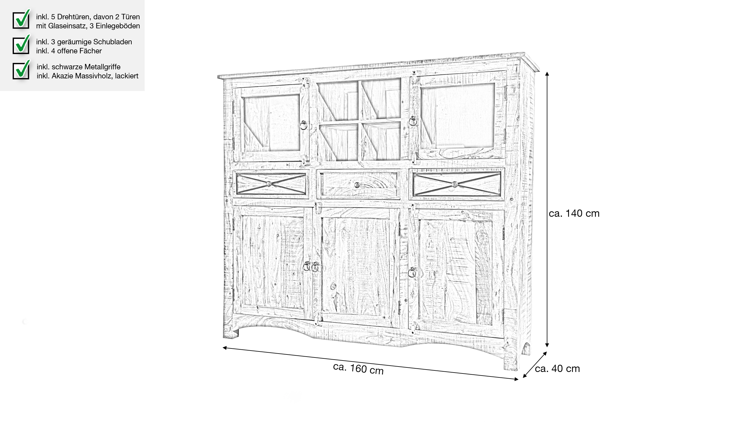 Highboard 5 Türen Akazie massiv lackiert montiert 160 cm - ACANO