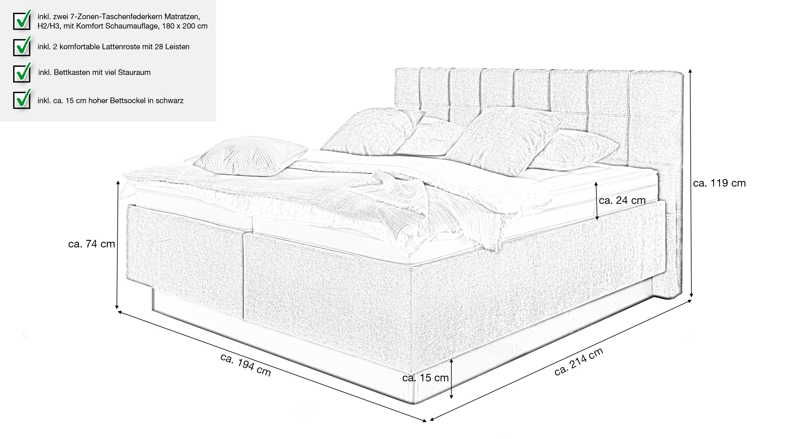 Boxbett 180 x 200 cm mit Bettkasten anthrazit Chenille - SENSINO