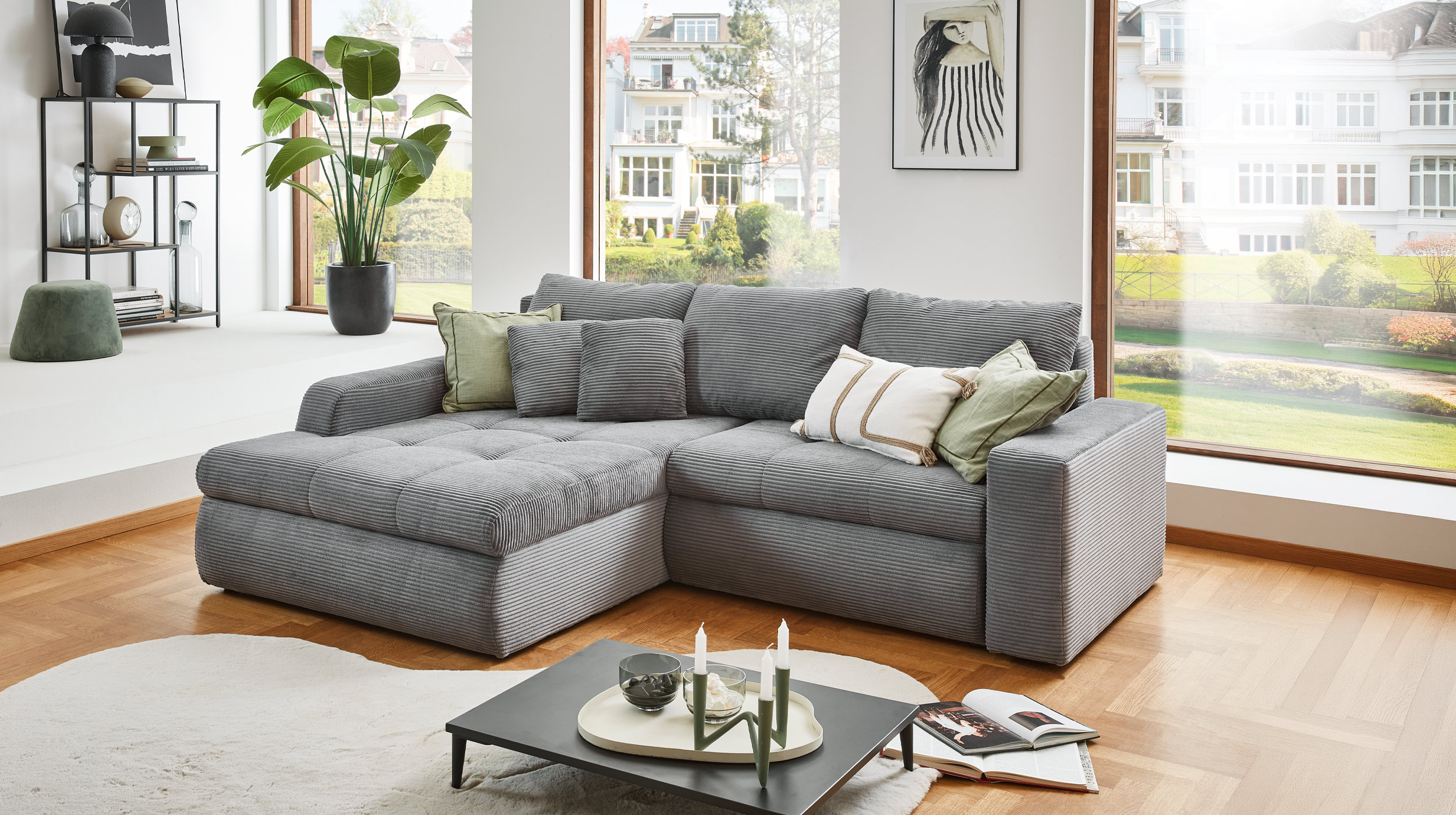Ecksofa Cord grau mit Schlaffunktion 241 x 175 cm - LUNO