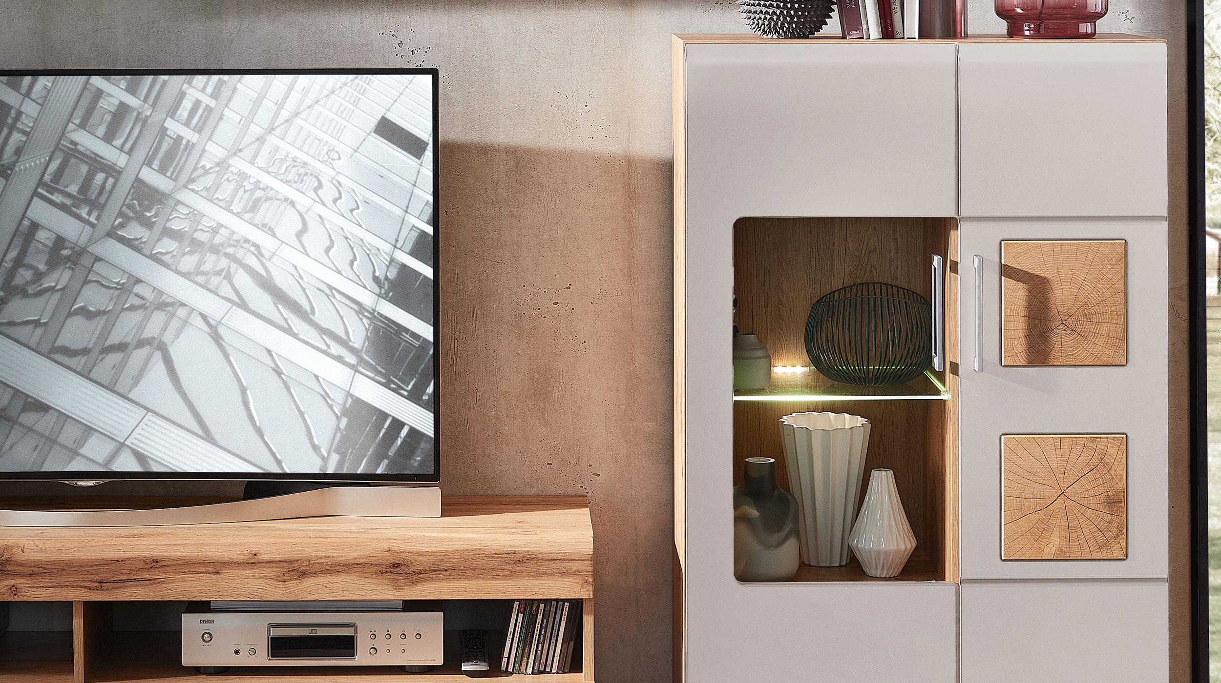 Wohnwand beige Eiche 340 cm - LED-Beleuchtung - SINFONIE