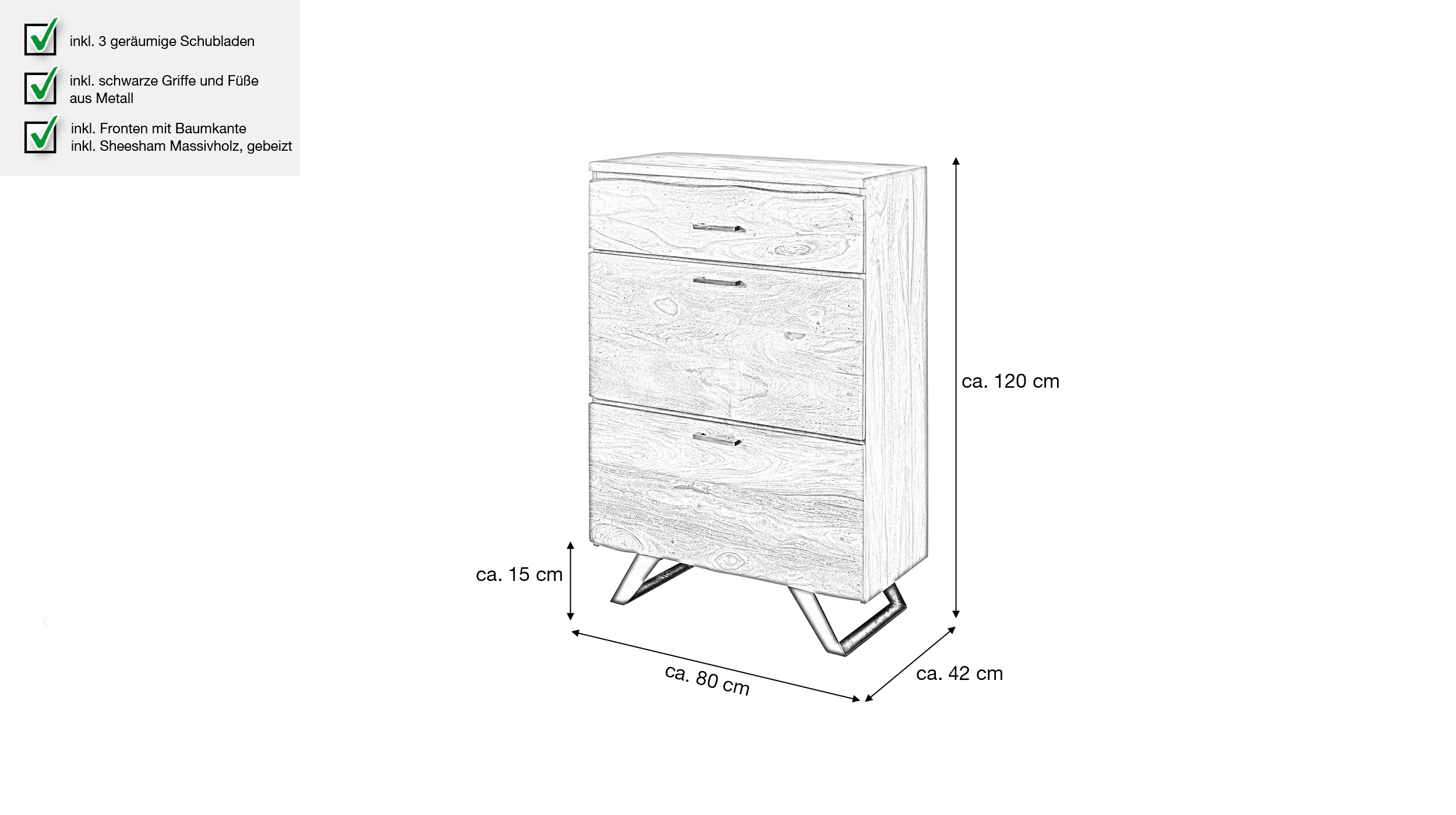 Kommode mit 3 Schubladen Sheesham massiv gebeizt 80 x 42 cm - VINNAN