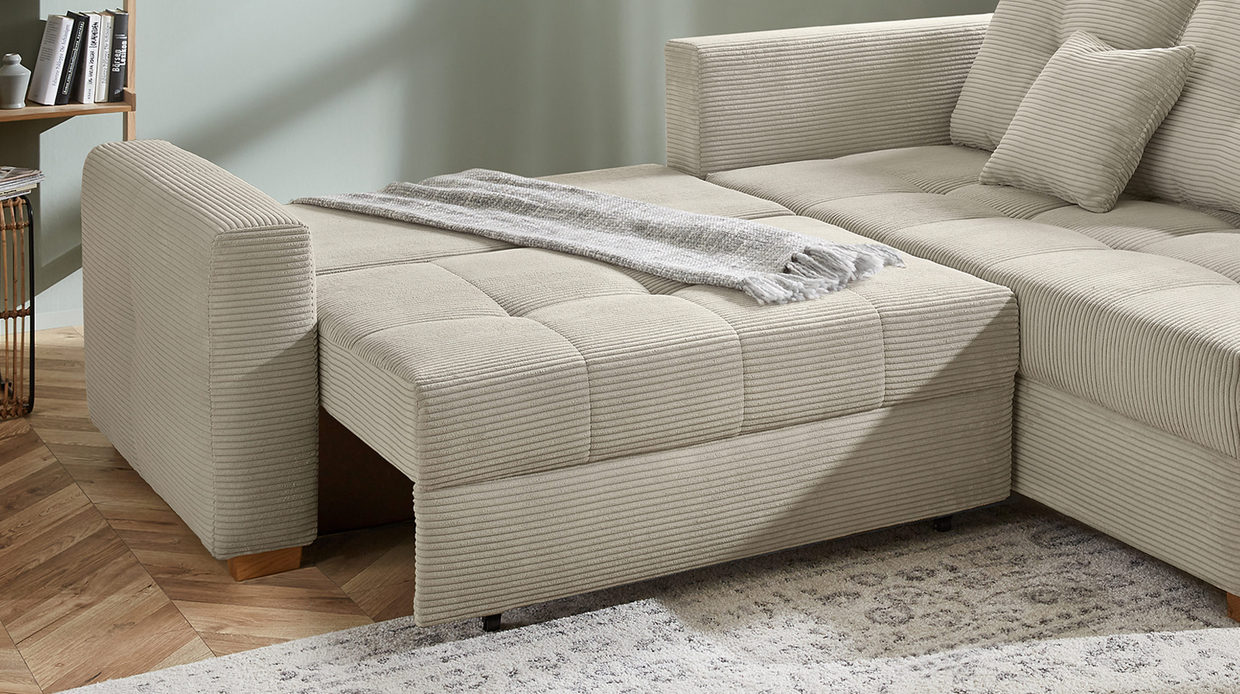Ecksofa Cord grau-beige 228 cm - Schlaffunktion Bettkasten - HEIDELBERG