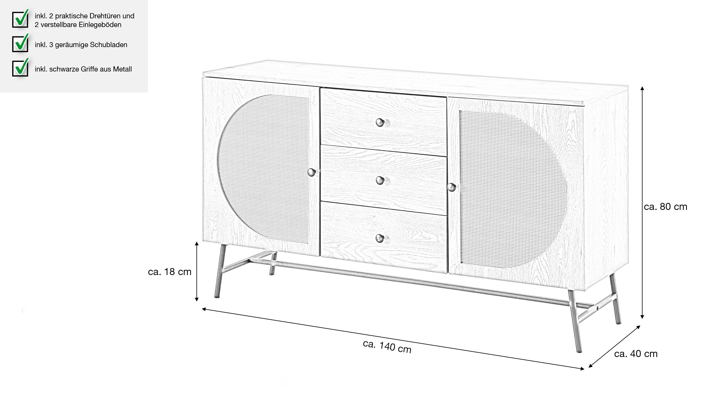 Sideboard mit 3 Schubladen Eiche Holzdekor - Polyrattan 140 cm - RATVAN