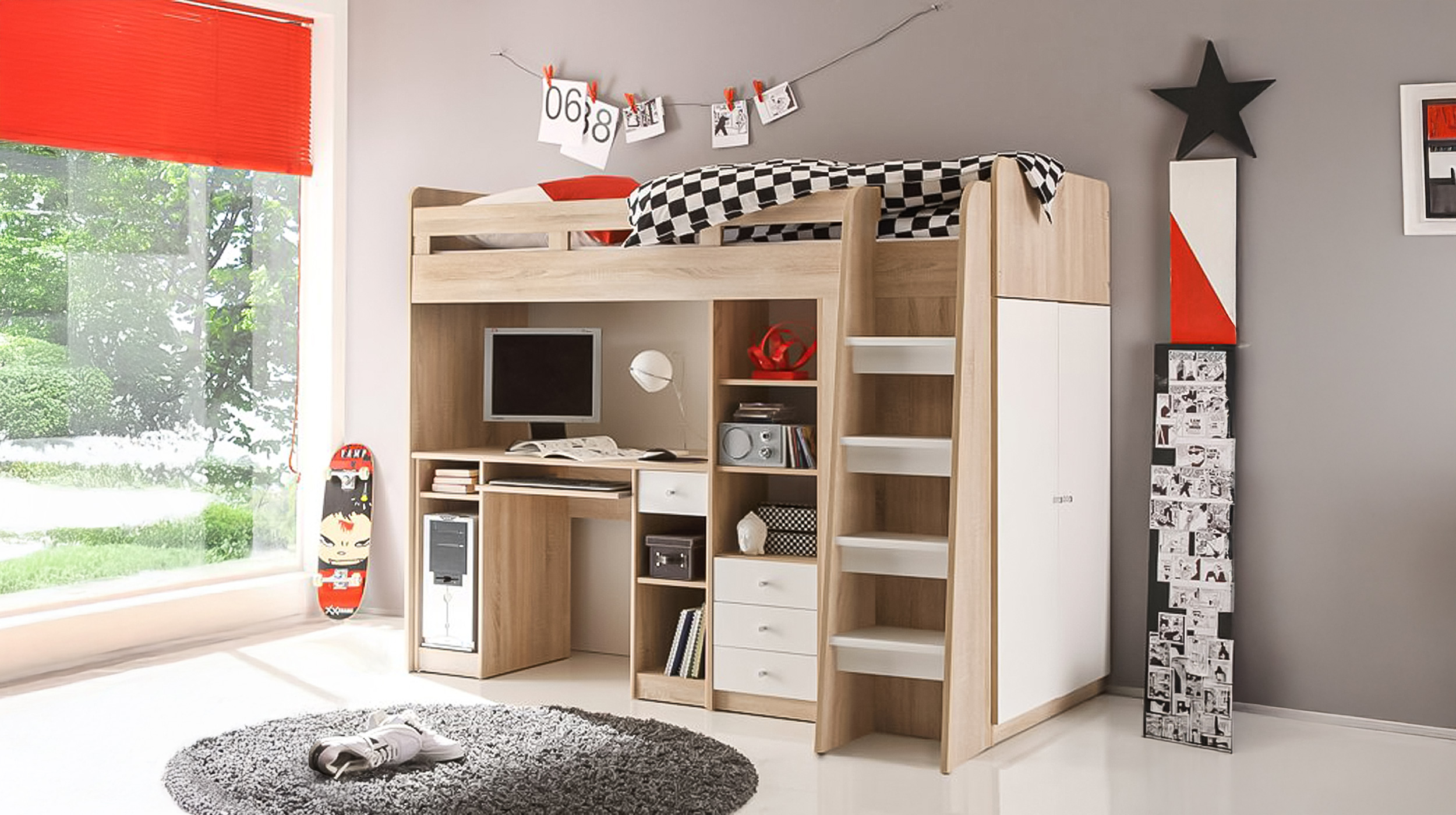Hochbett mit Schreibtisch 90 x 200 cm Eiche - weiß Kinderbett - UNIT