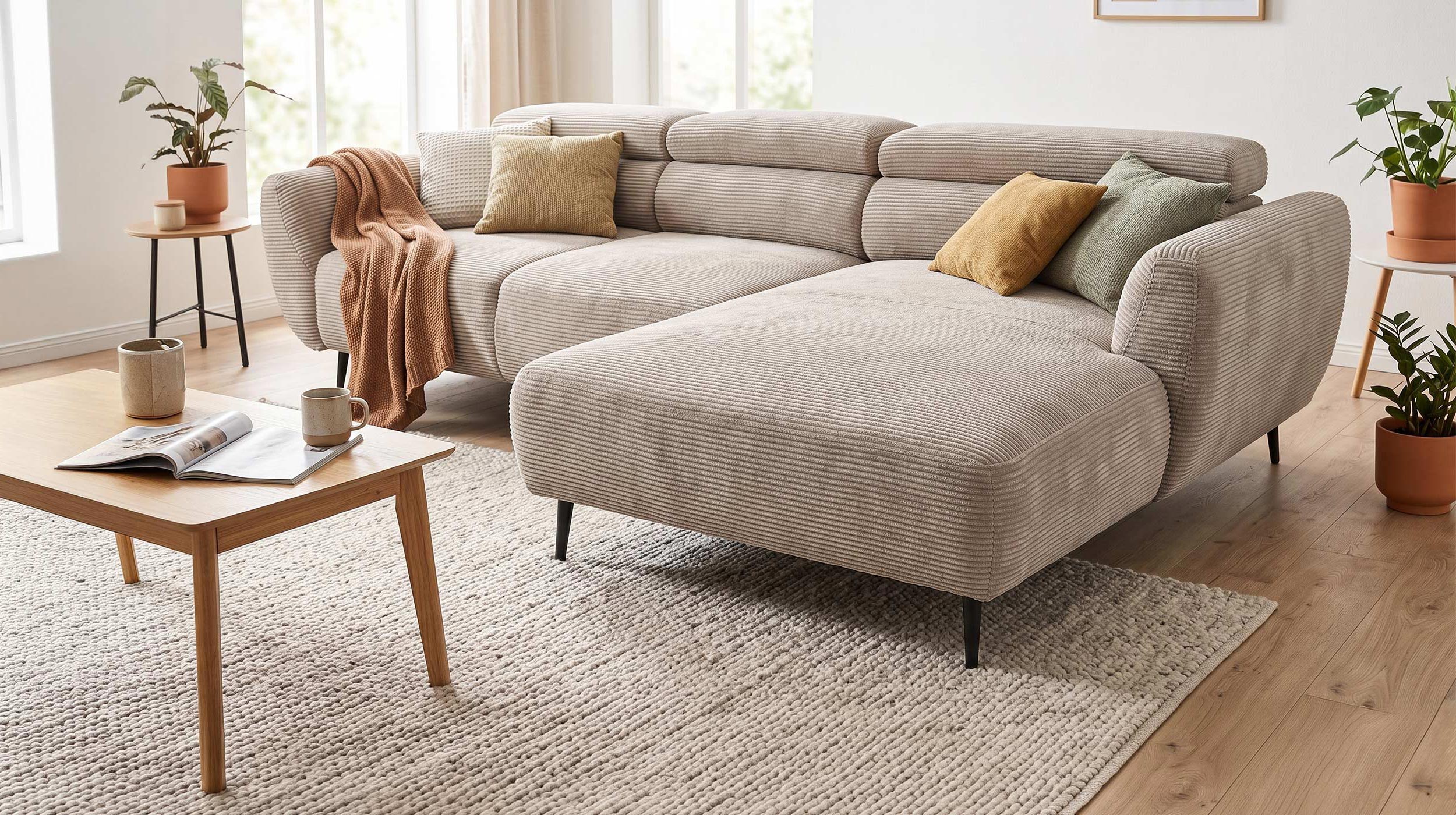 Ecksofa Cord beige elektrisch ausfahrbar 277 cm - OT- rechts - ALISSON
