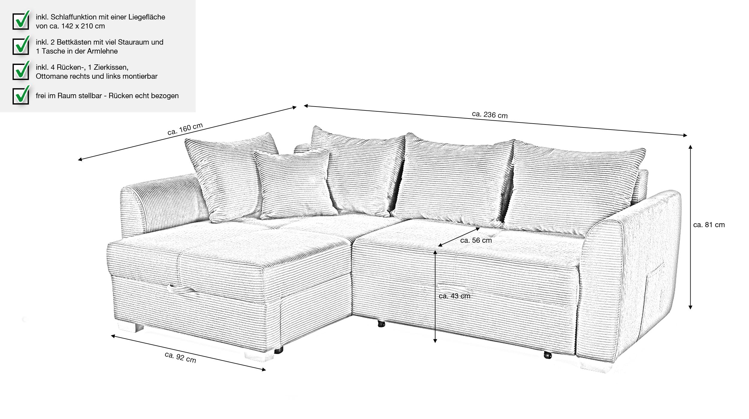 Ecksofa Cord Schlaffunktion Bettkasten grau 236 cm - BOOMER