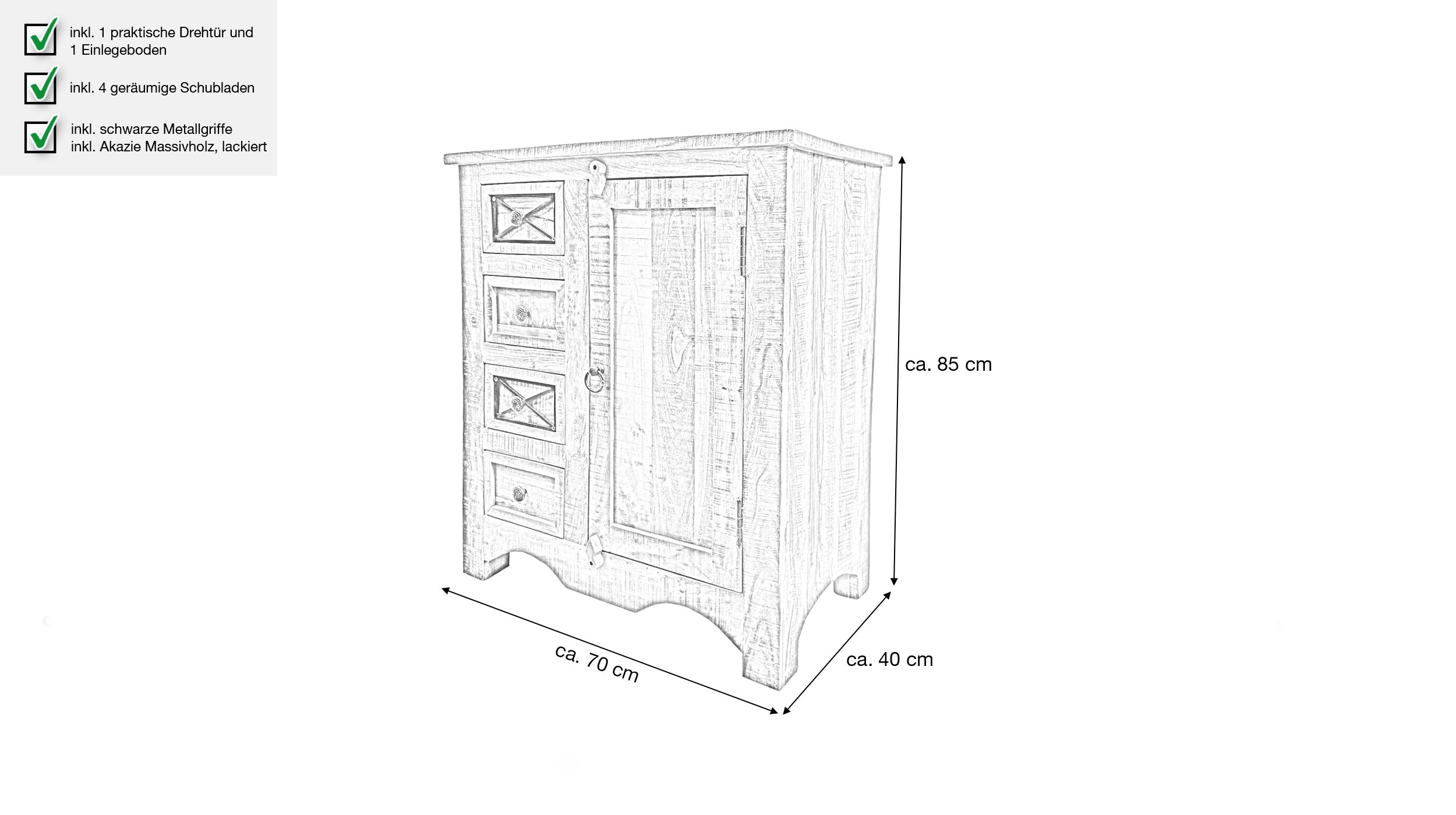 Sideboard 70 cm Akazie massiv lackiert montiert - ACANO