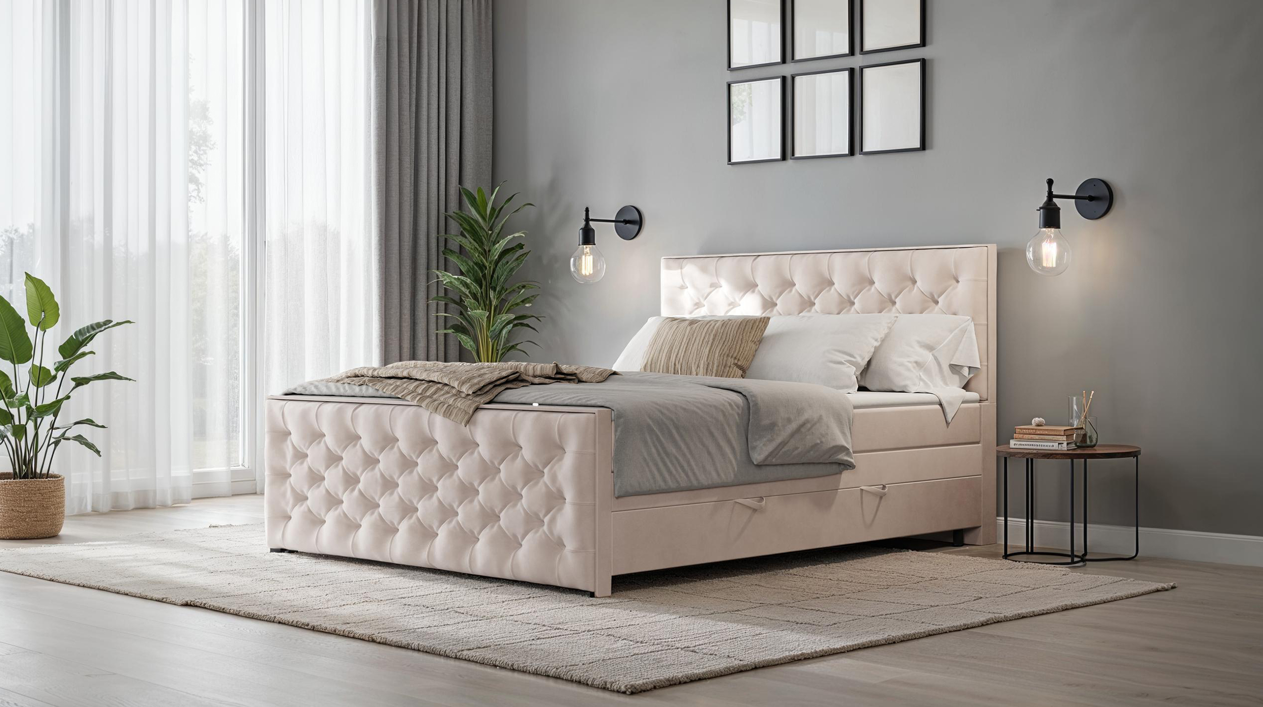 Boxspringbett 200 x 200 cm mit Bettkasten creme - LANCIANO
