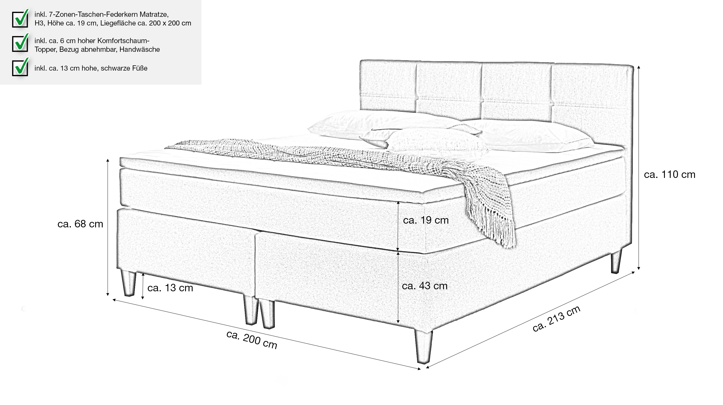 Boxspringbett 200 x 200 cm anthrazit Stoffbezug - MONTREAL