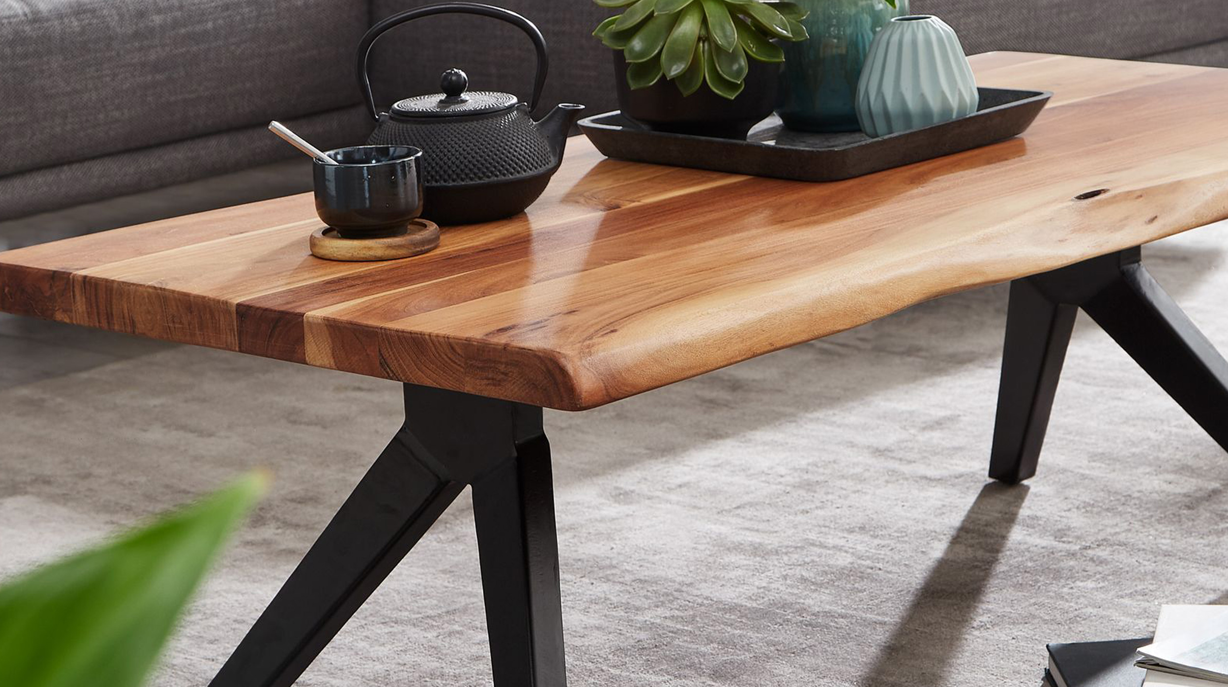 Couchtisch Baumkantentisch Optik 115 cm Akazie massiv - BRAGI