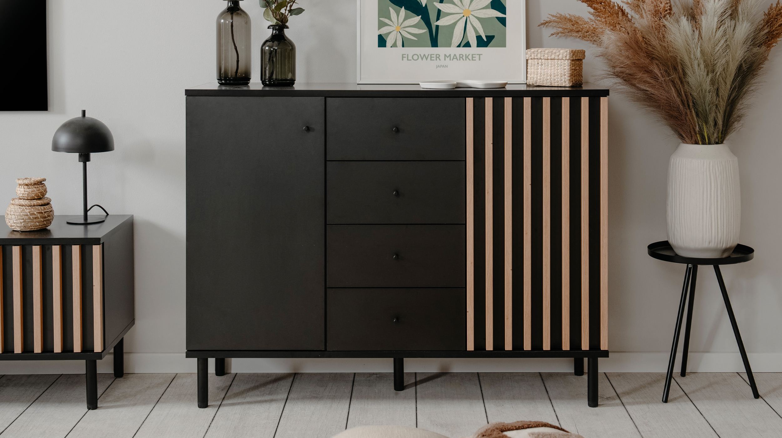 Kommode 4 Schubladen schwarz Artisan Eiche 118 cm - MONZA