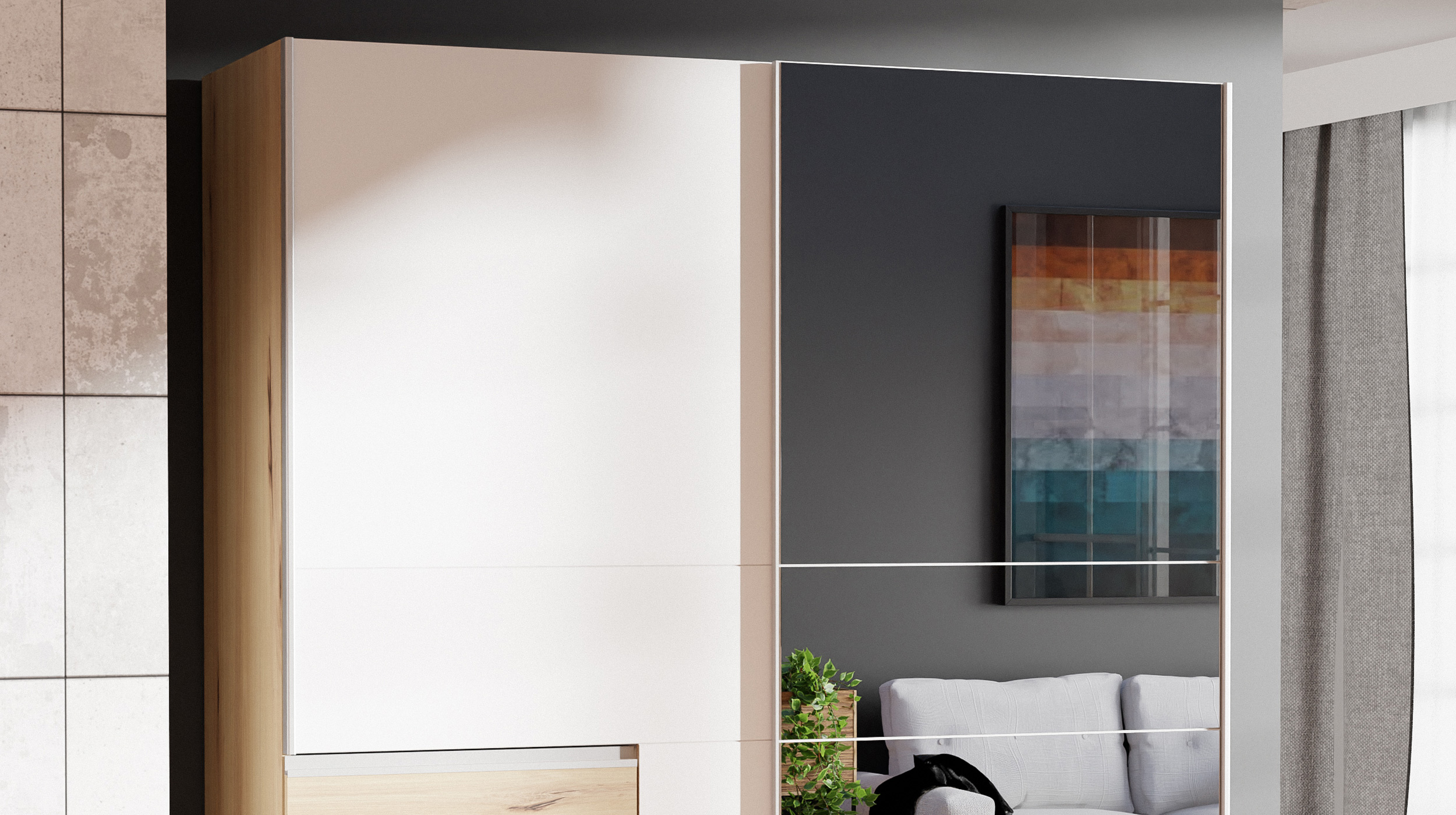 Schwebetürenschrank weiß Artisan Eiche mit Spiegel 170 cm 2-türig - WINN