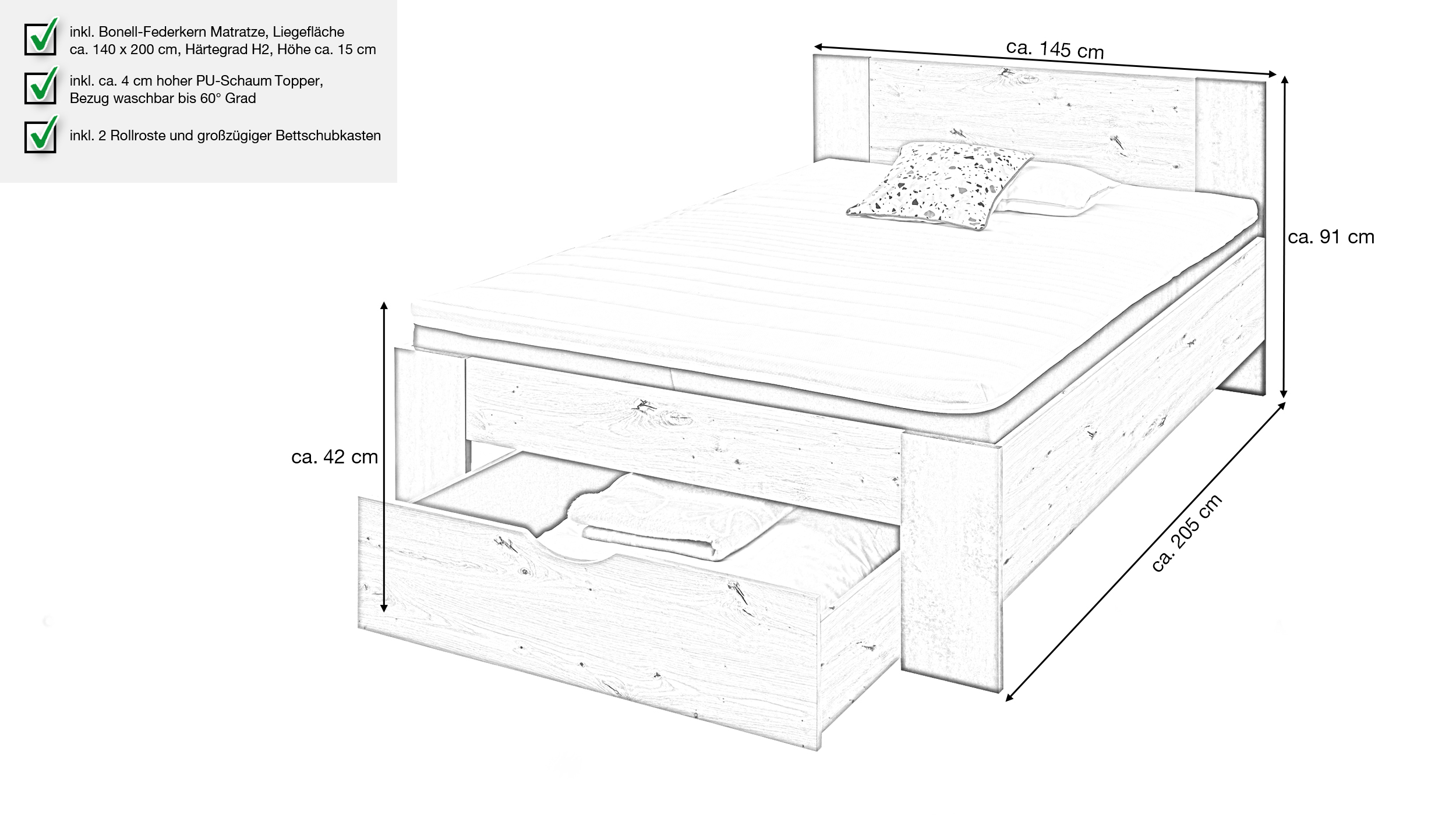 Jugendbett 140 x 200 cm Artisan Eiche - Bettkasten - MARTIN
