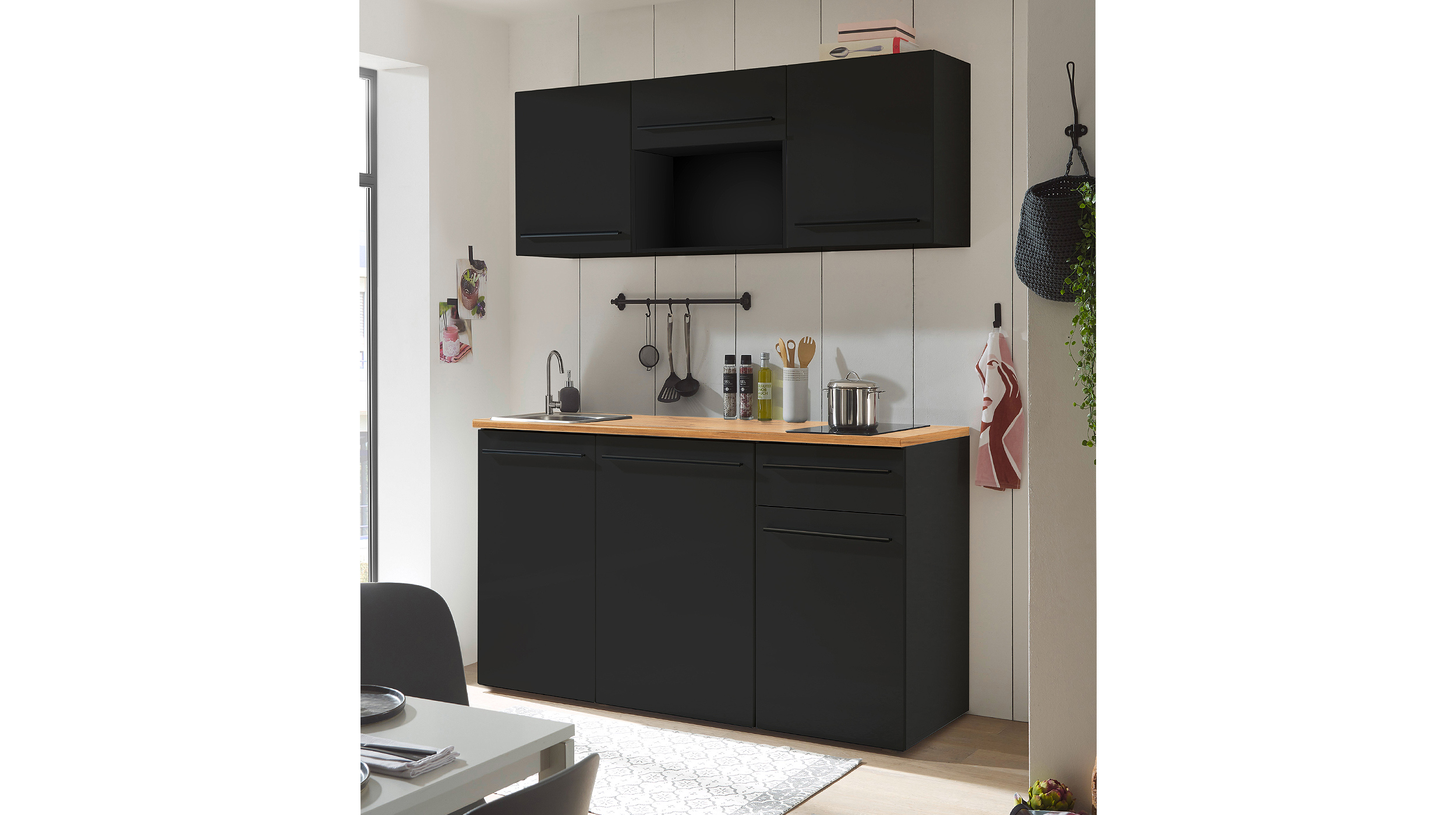 Miniküche - inkl. Elektrogeräte - 160 cm - schwarz matt - JAZZ