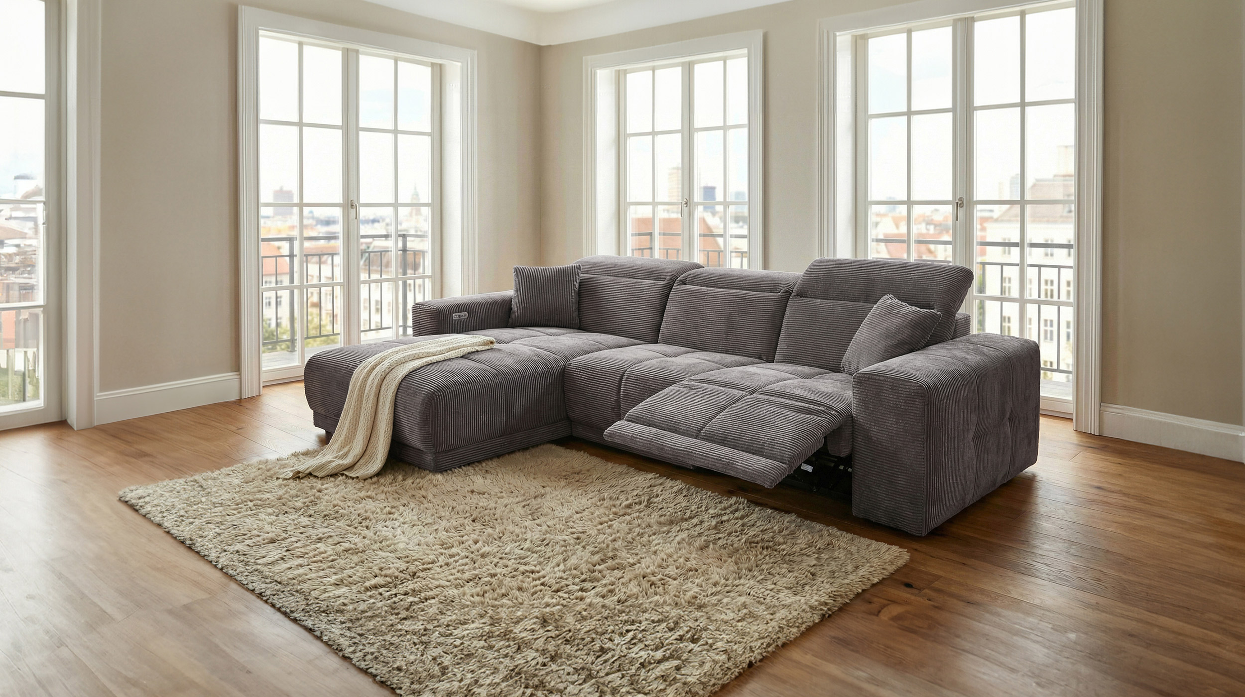 Ecksofa Cord grau 302 x 167 cm mit Relaxfunktion - OT links - TONI