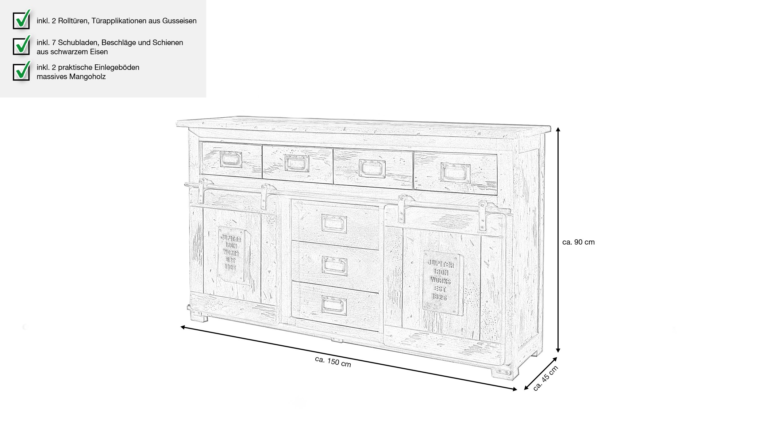 Sideboard mit 2 Rolltüren Mango massiv 150 cm - EMANUEL