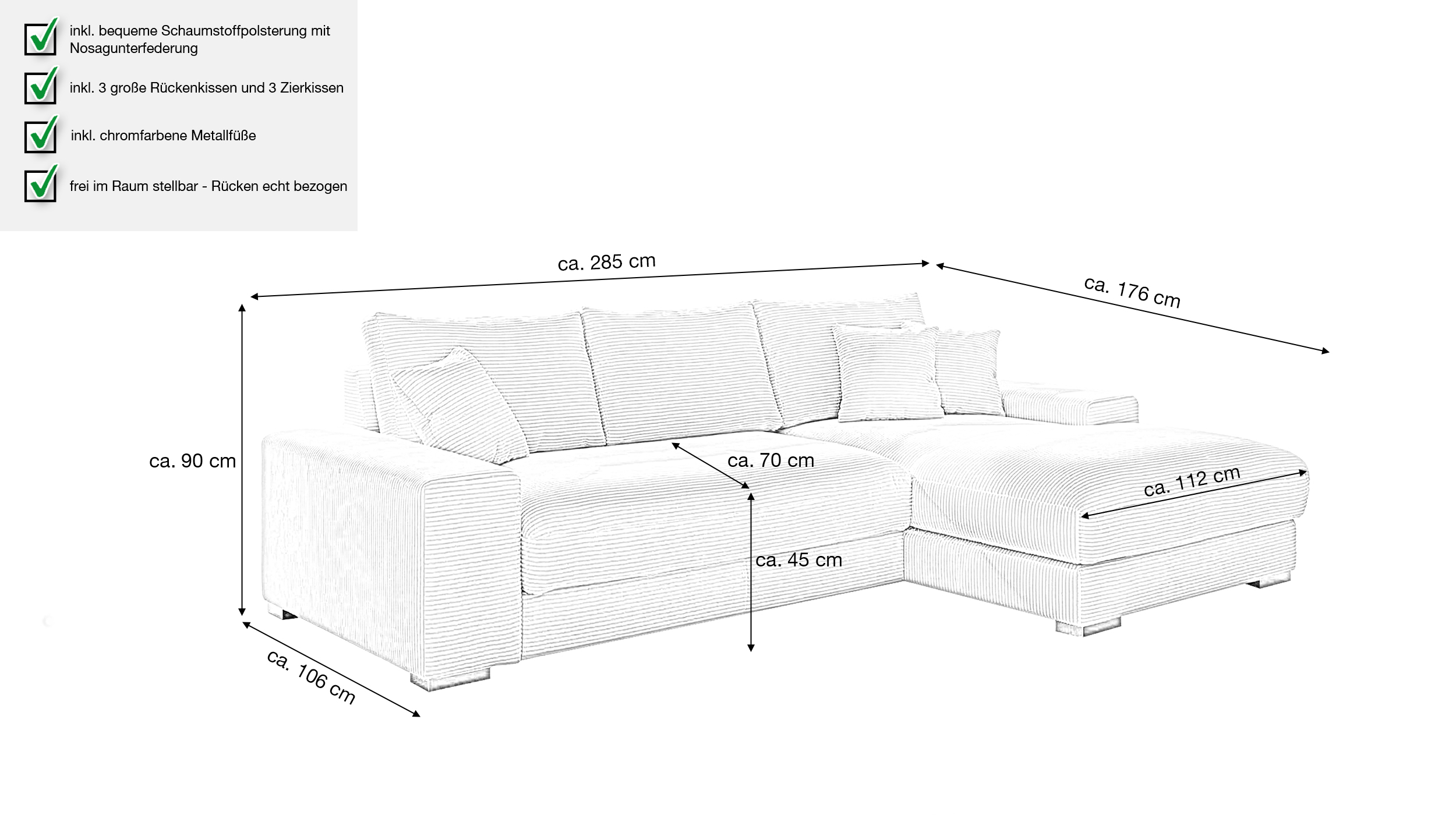 Ecksofa Cord beige 285 x 176 cm - OT rechts - SYDNEY