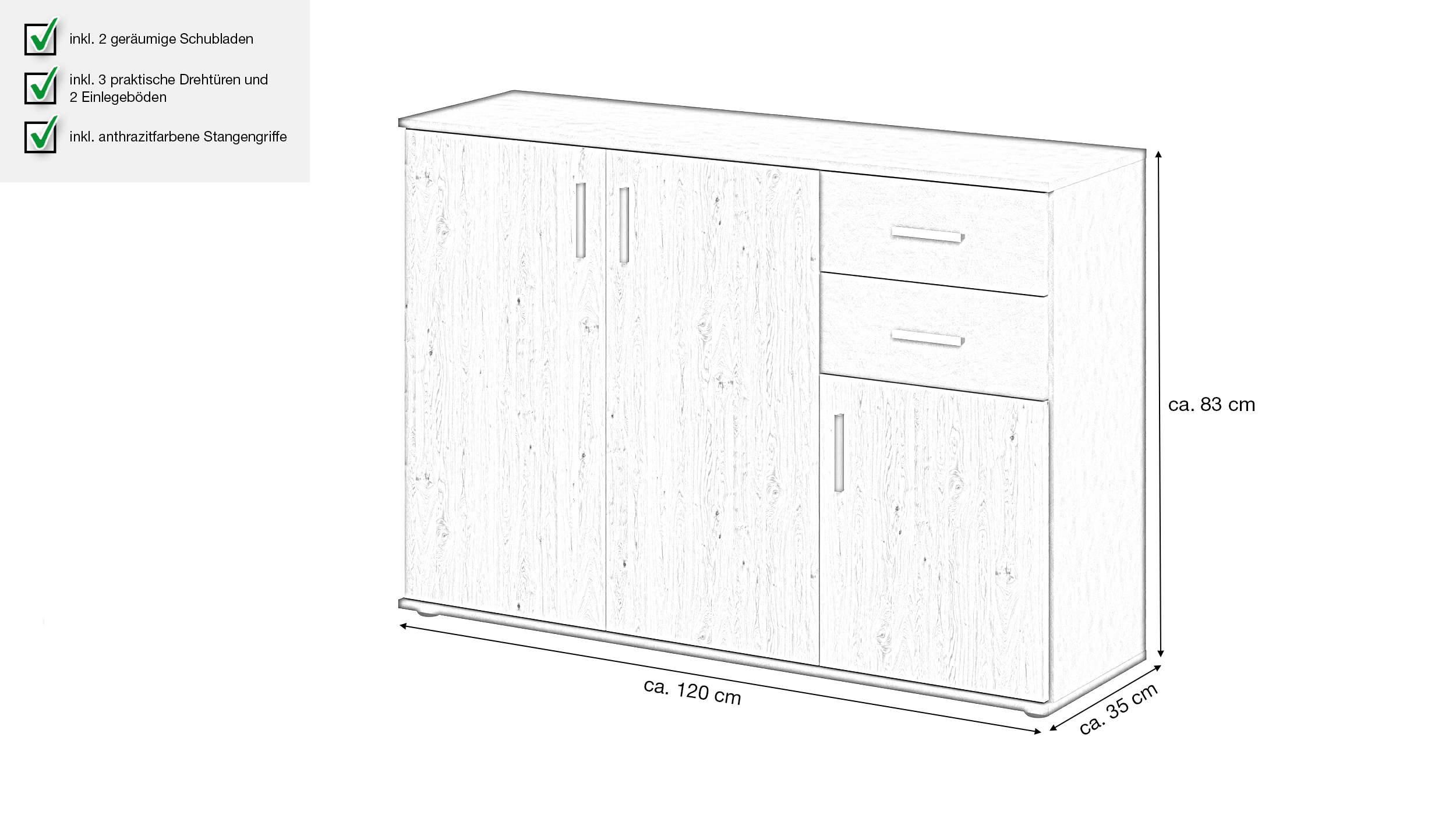 Kommode mit Schubladen anthrazit Artisan Eiche 120 cm - ALBATA
