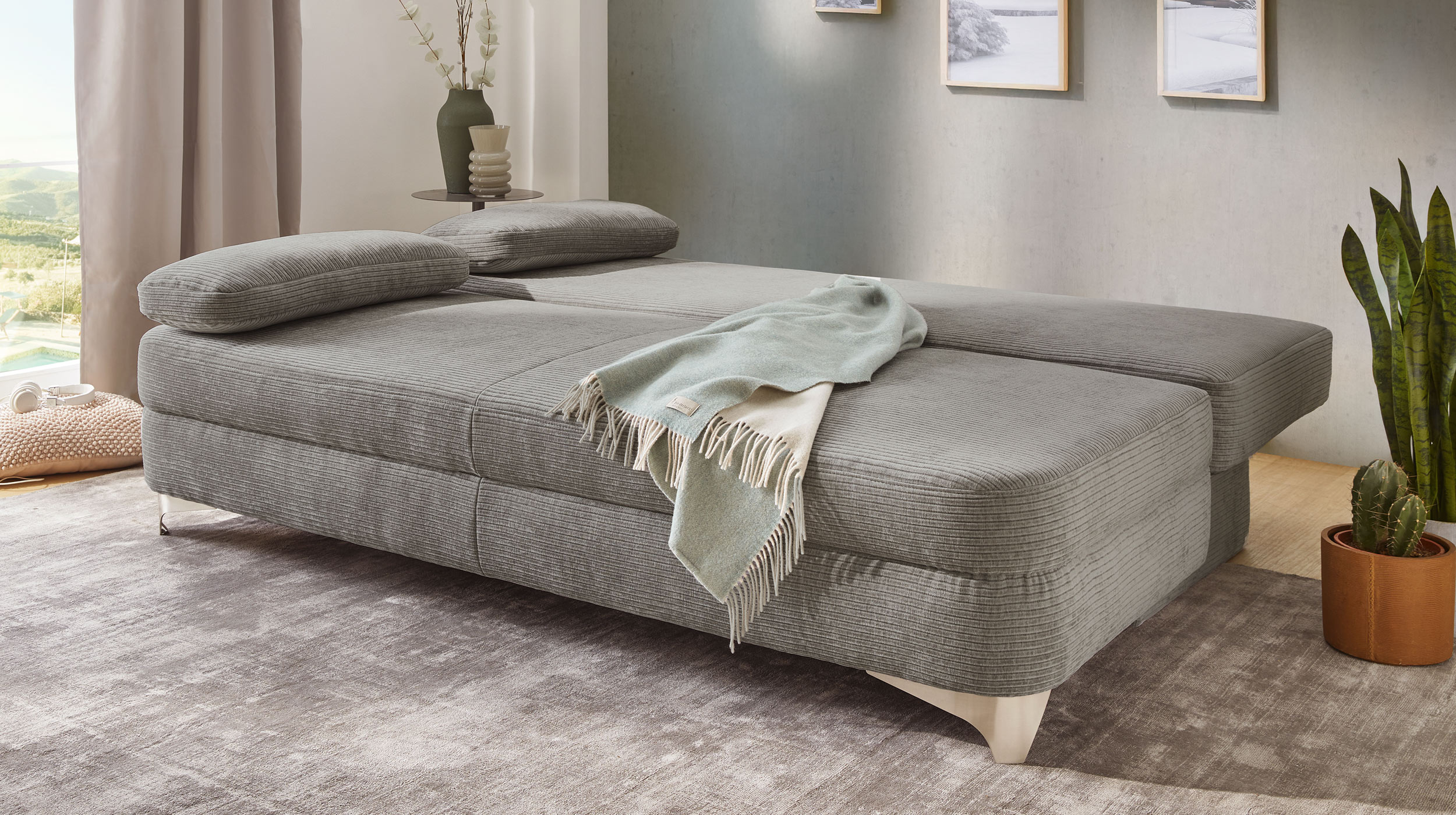 Schlafsofa Cord mit Bettkasten grau 204 cm - NOAH