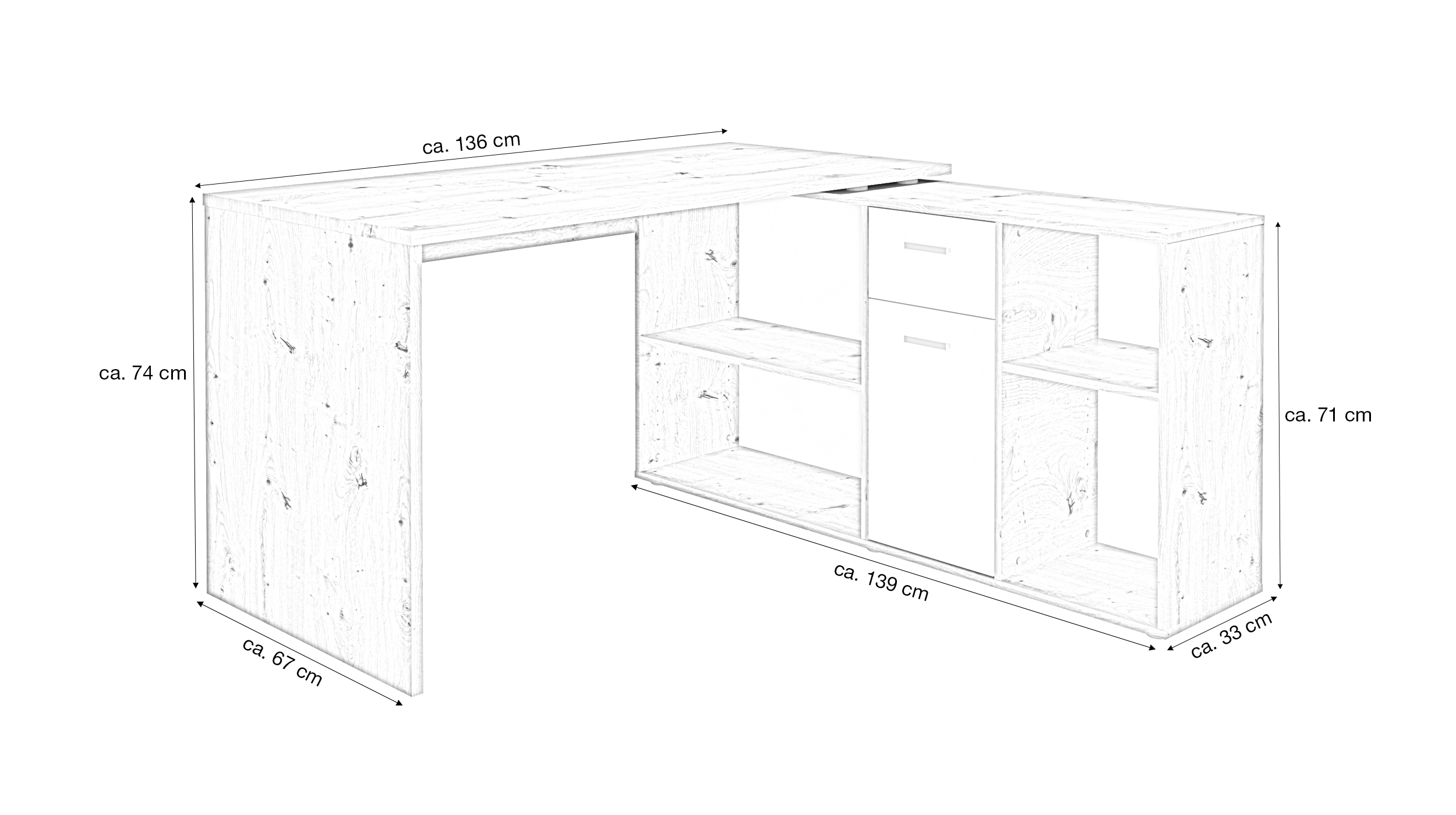 Eck-Schreibtisch Artisan Eiche weiß 136 cm - LEXO