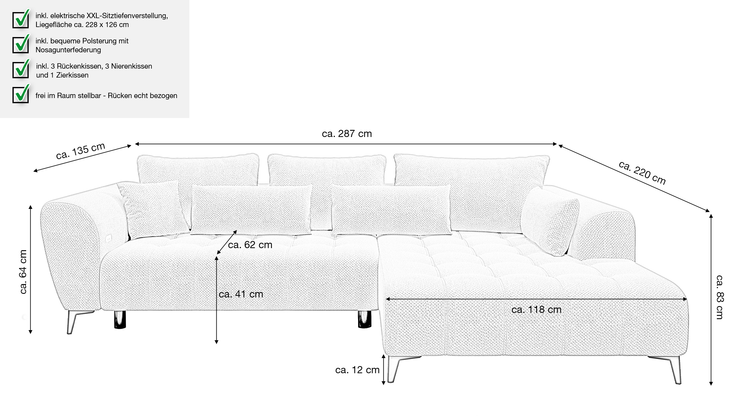 Ecksofa grau ausziehbar - Sitztiefenverstellung 287 cm - GARAY