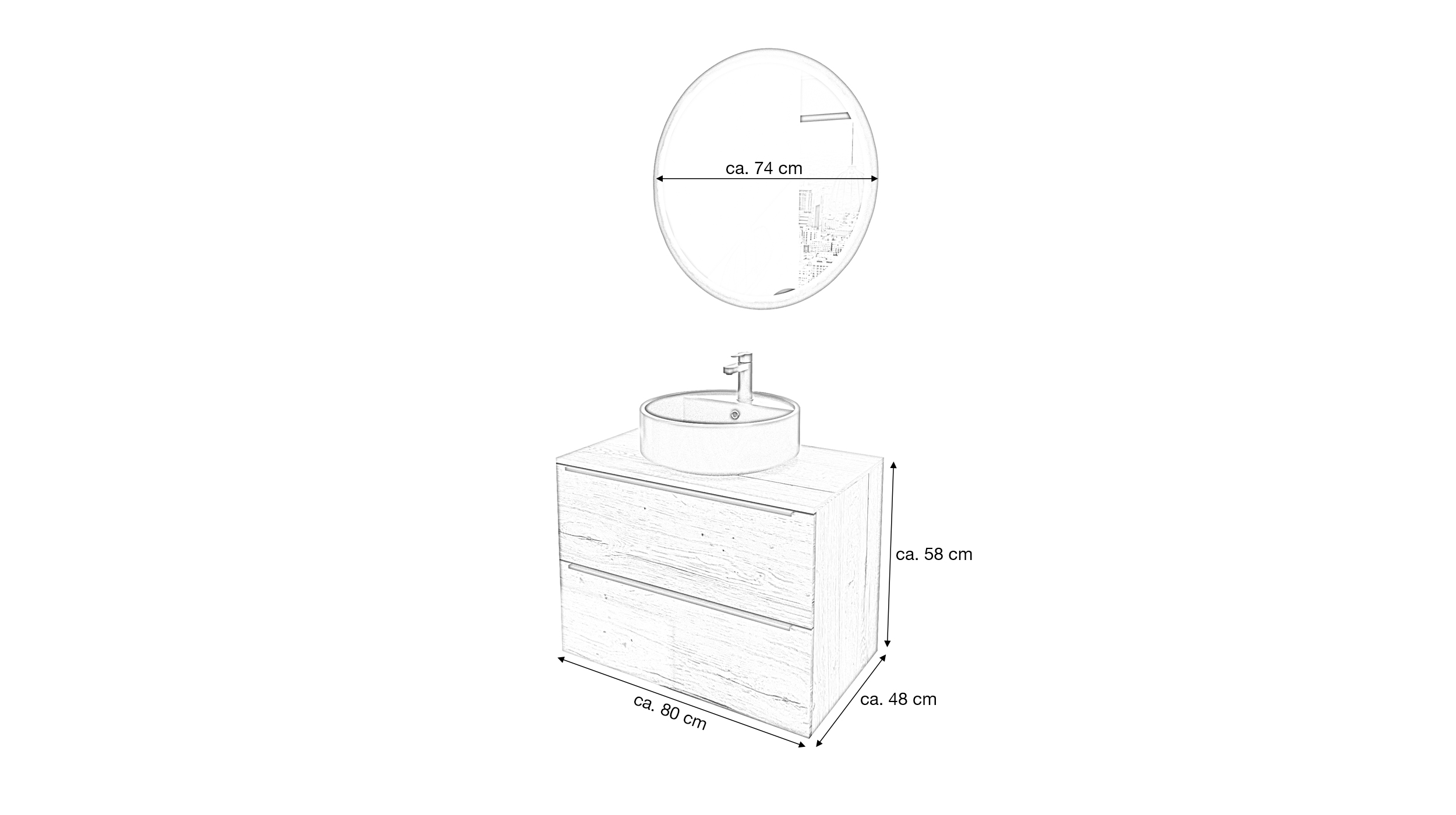 Badmöbel-Set Eiche - 2 Teile - Waschtisch 80 cm - SOLE