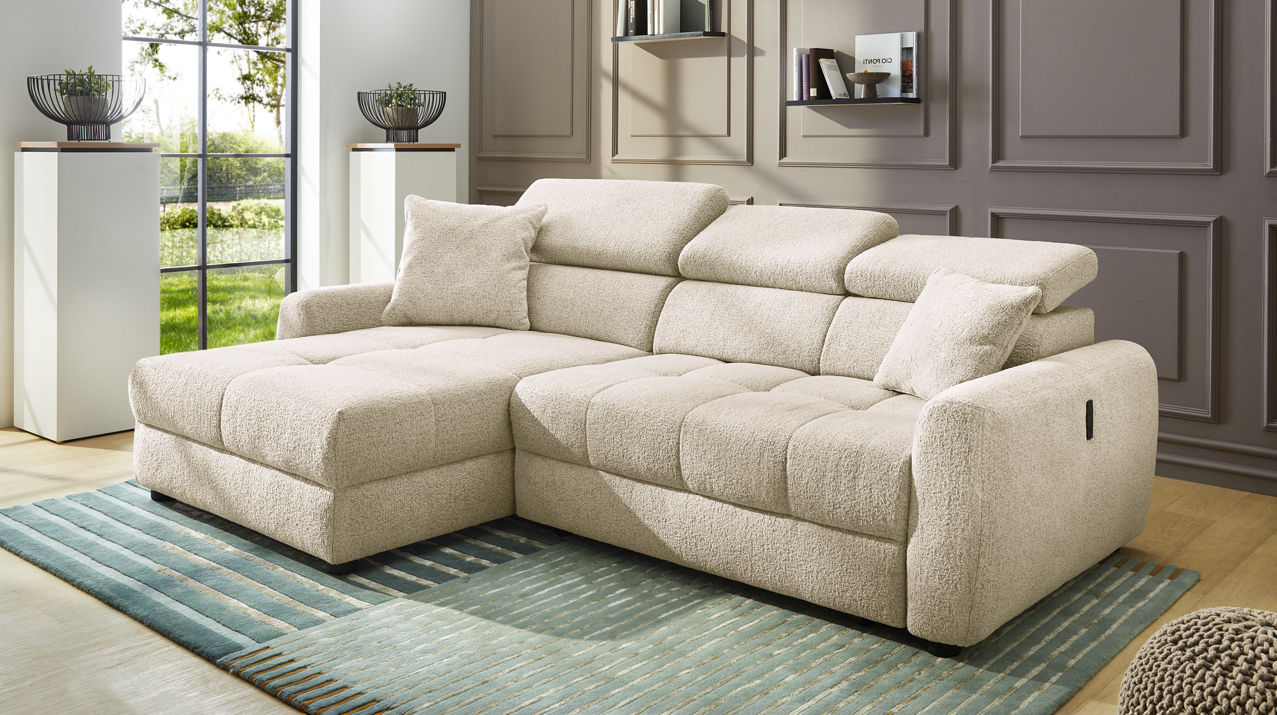 Ecksofa elektrisch ausfahrbar beige 270 cm - MOVE