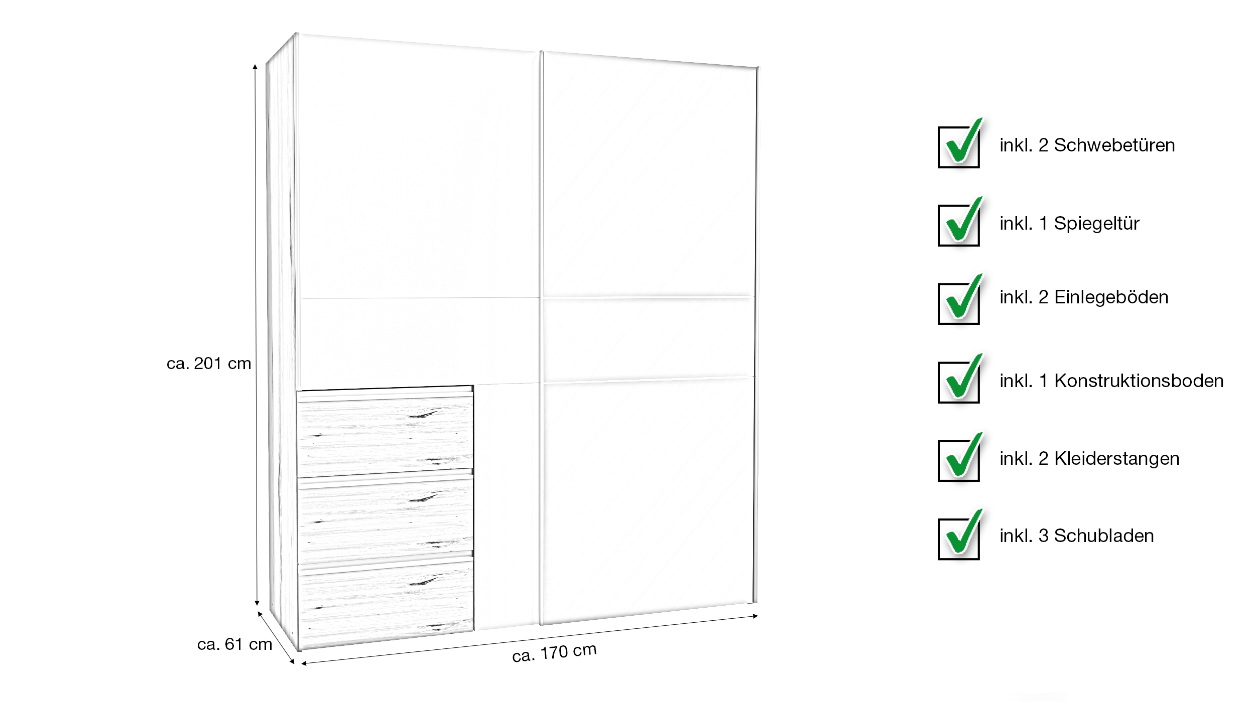 Schwebetürenschrank weiß Artisan Eiche mit Spiegel 170 cm 2-türig - WINN