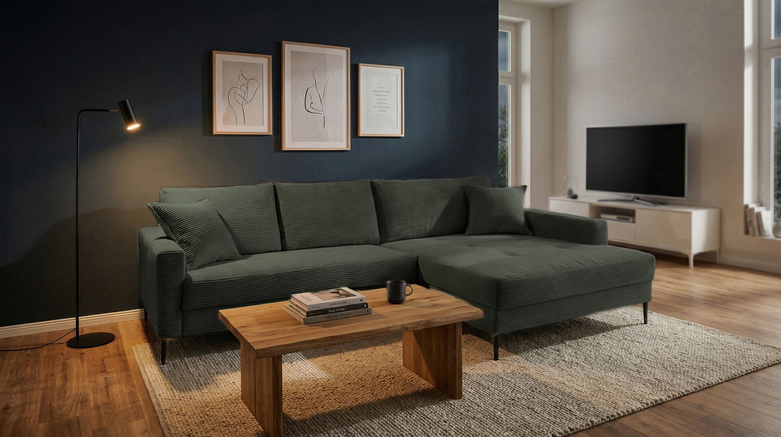 Ecksofa Cord grün 276 x 173 cm - OT rechts - SUMMER