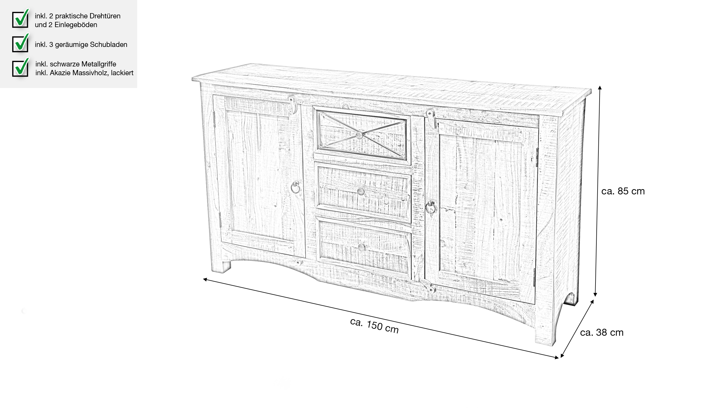 Sideboard 150 cm Akazie massiv lackiert montiert - ACANO