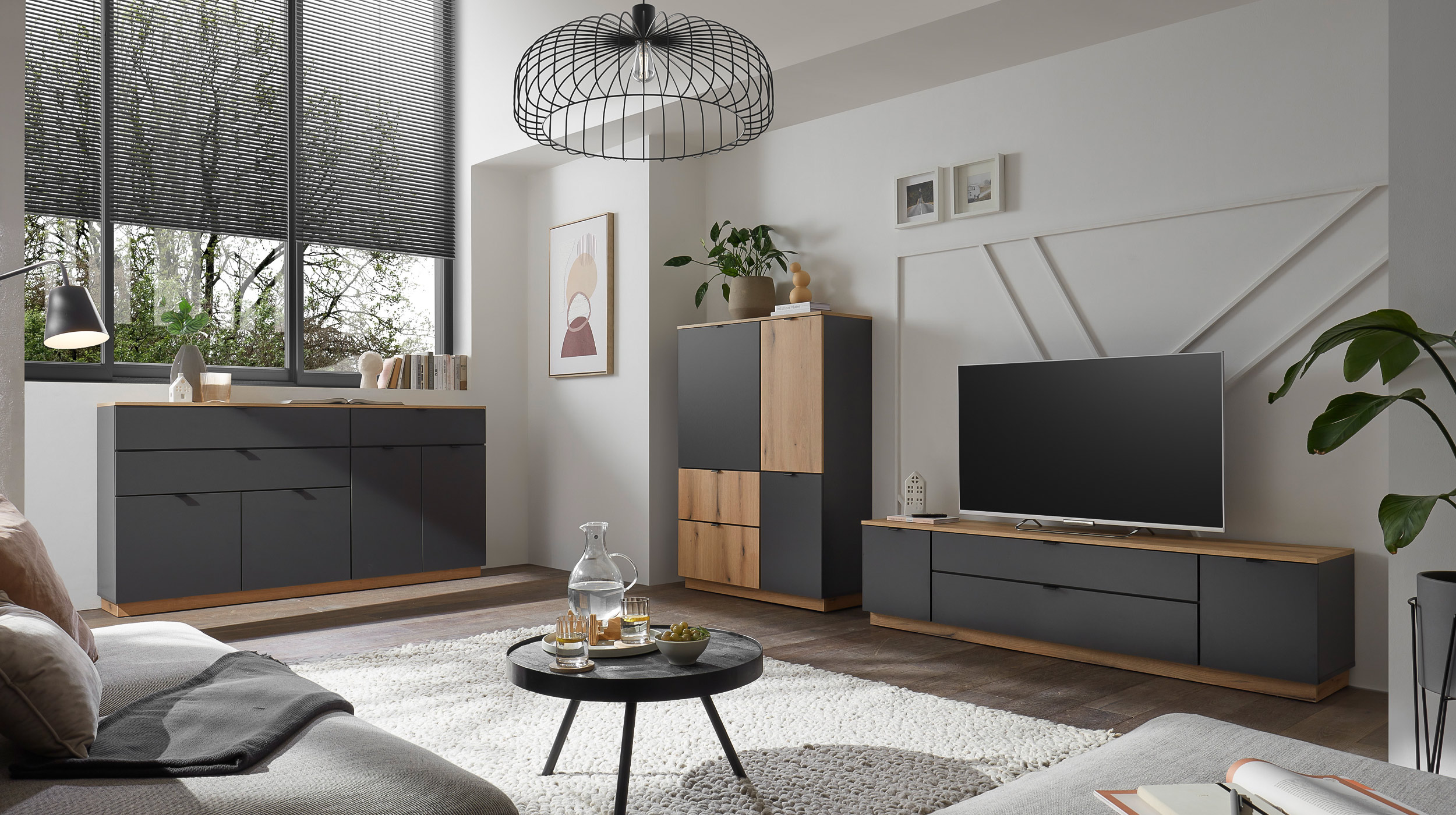 Sideboard mit 3 Schubladen anthrazit - Eiche 191 cm - VINCE
