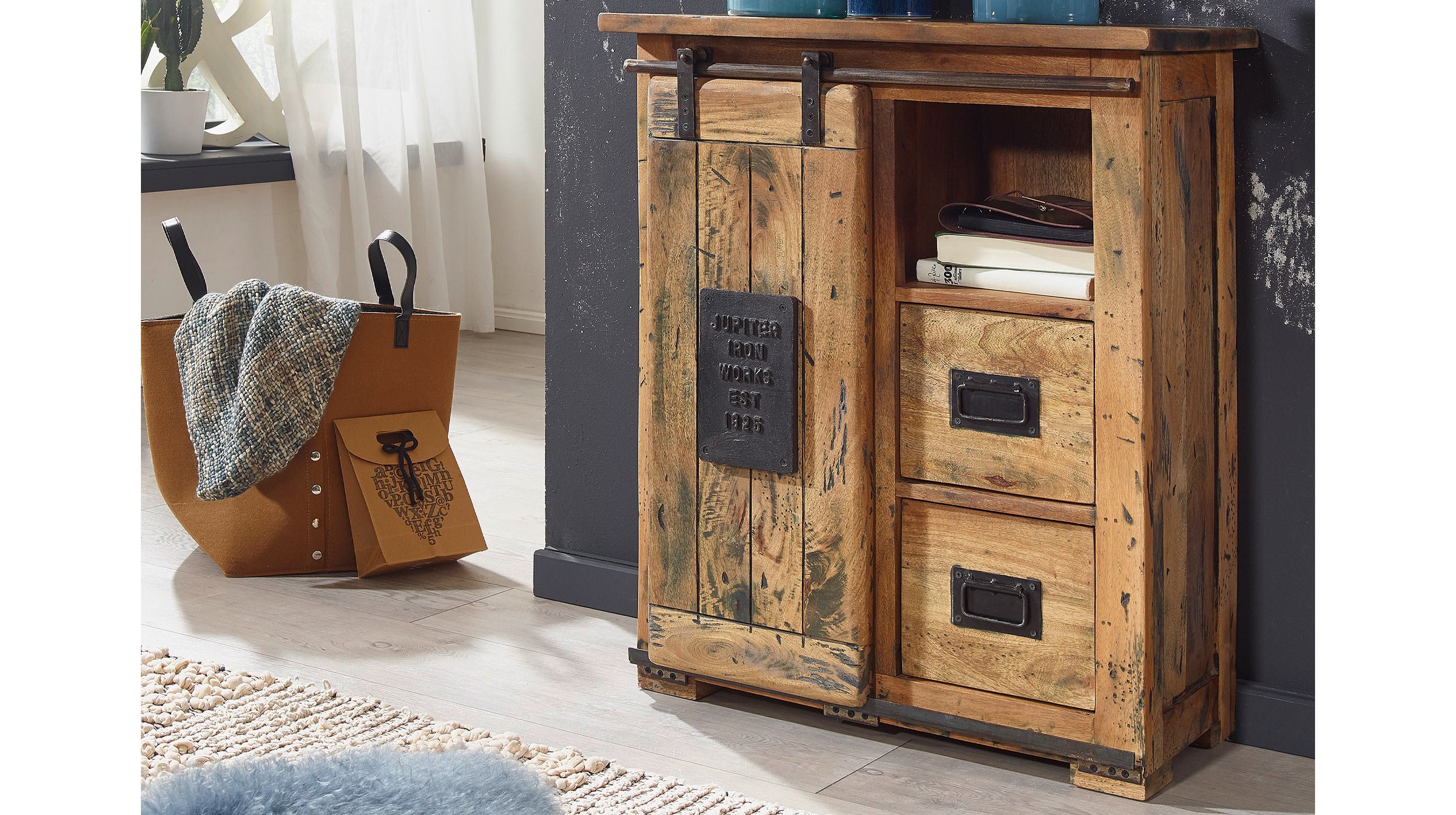 Sideboard mit 1 Rolltür Mango massiv 75 cm - EMANUEL