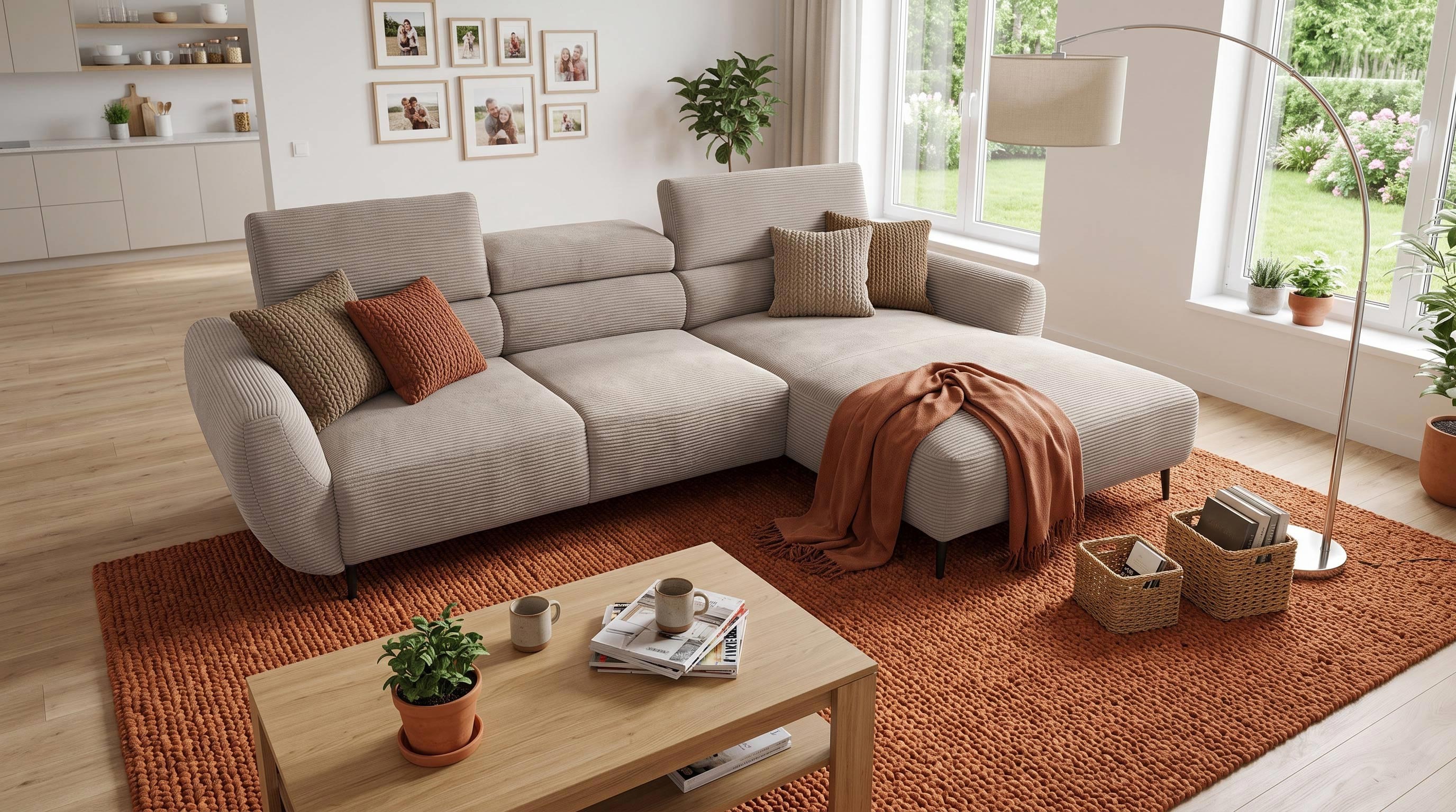 Ecksofa Cord beige elektrisch ausfahrbar 277 cm - OT- rechts - ALISSON