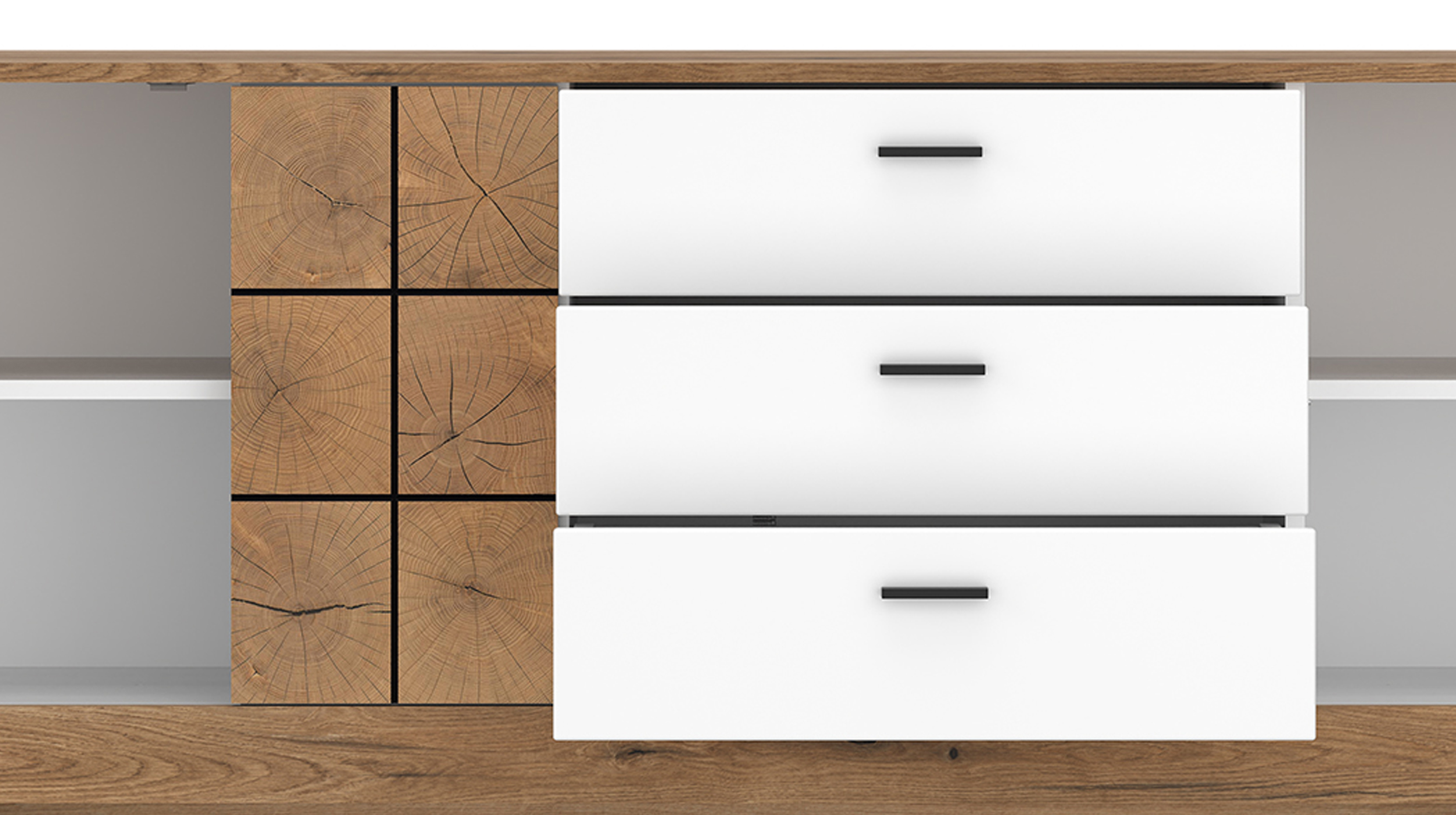 Sideboard mit 3 Schubladen weiß Hochglanz - Eiche 184 cm - ORETA