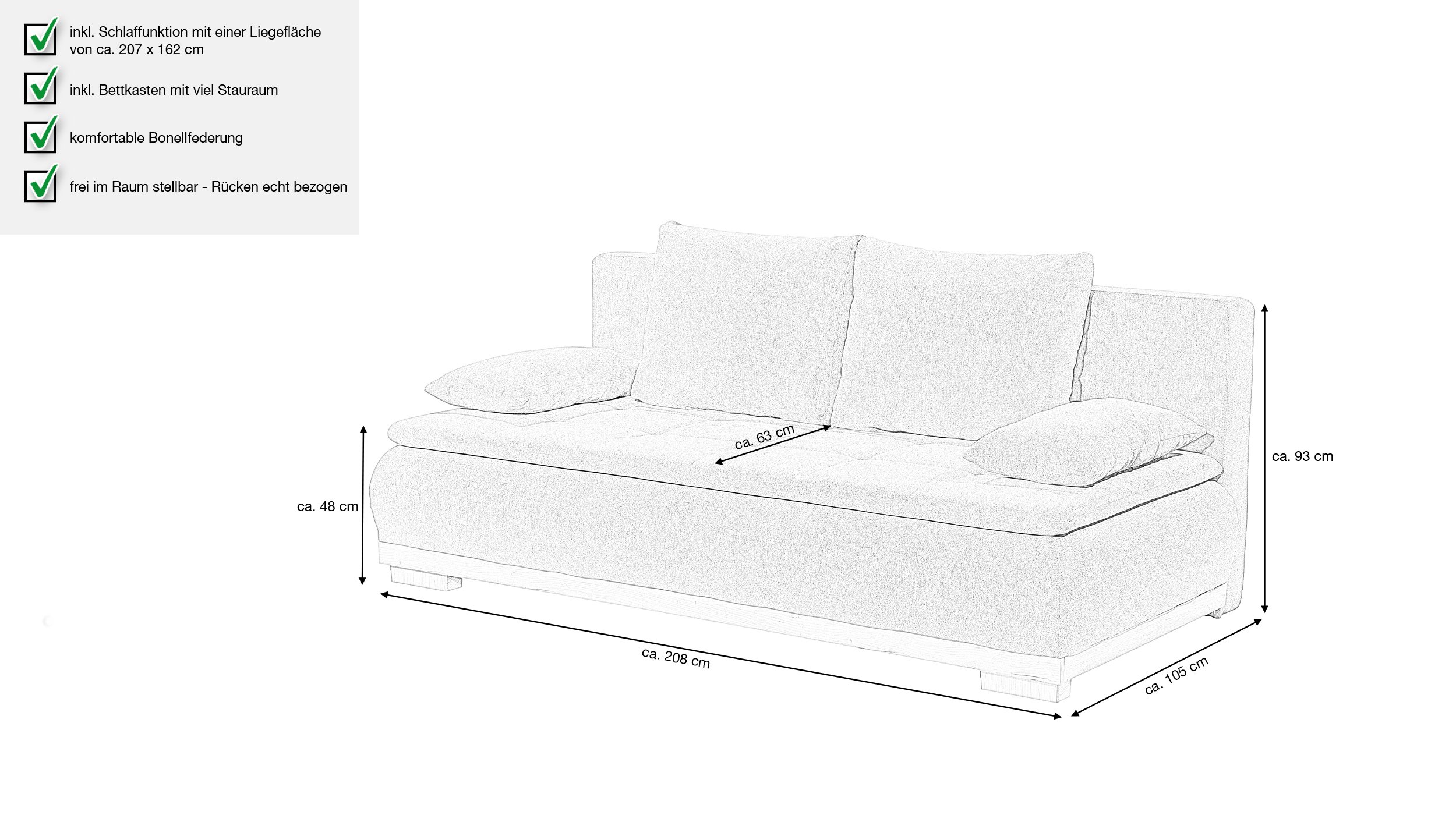 Schlafsofa grau Bettkasten ausziehbar Federkern 208 cm - AMBRA