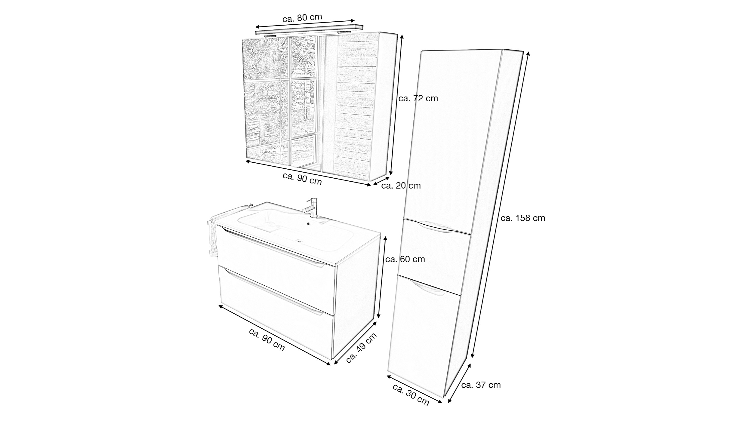 Badmöbel-Set grau - 3 Teile mit HS - Waschtisch 90 cm - LISANDRO