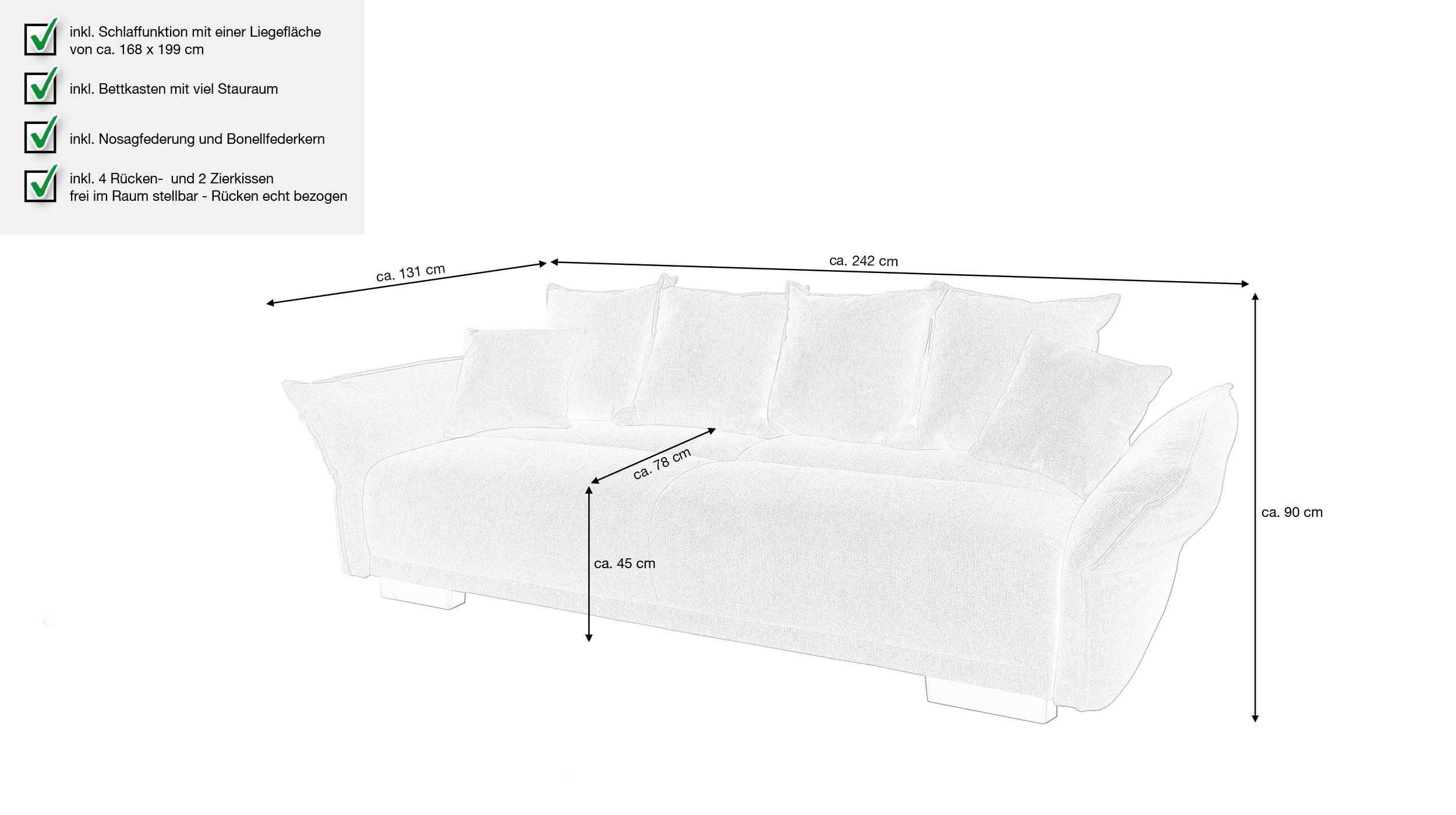 Big Sofa mit Schlaffunktion grau 242 cm - PERA