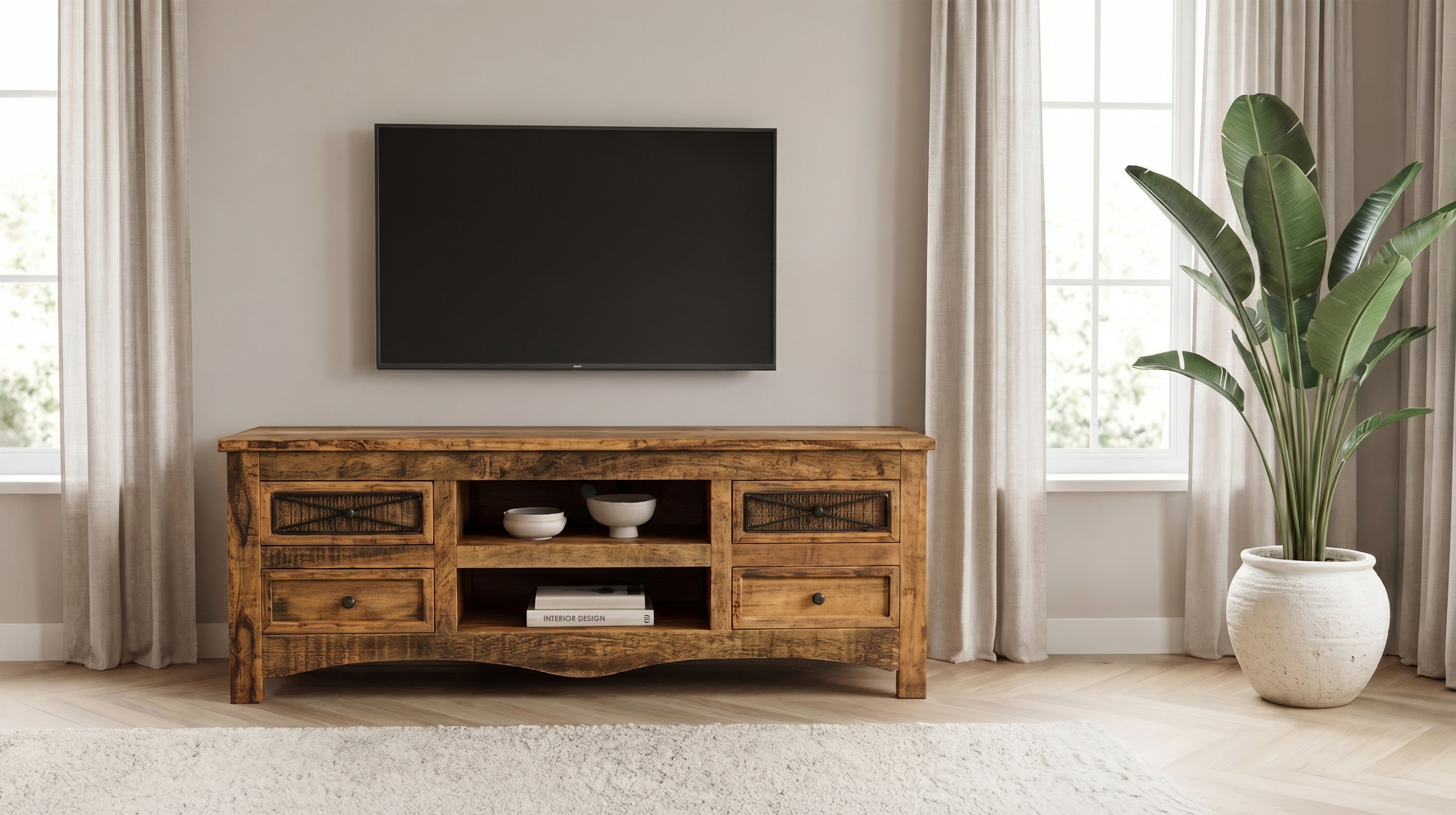 TV - Lowboard Akazie massiv lackiert montiert 140 cm - ACANO