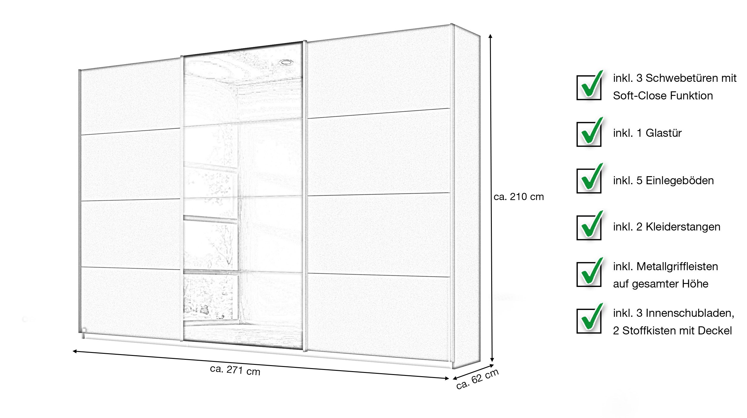 Schwebetürenschrank grau Glasfront - 271 cm- rauch - KULMBACH