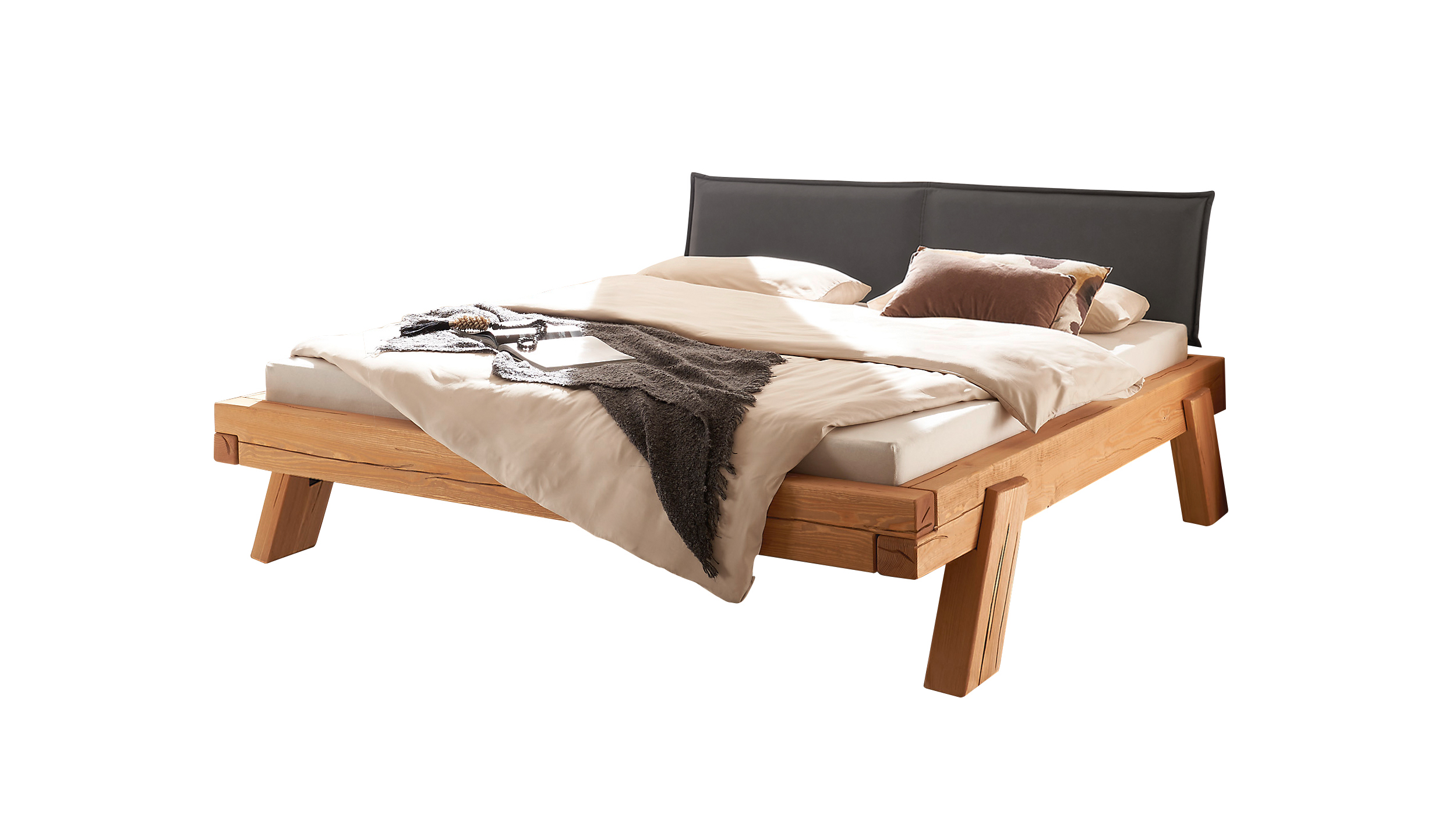 Balkenbett 140 cm Kiefer massiv Polsterkopfteil - HAGEN