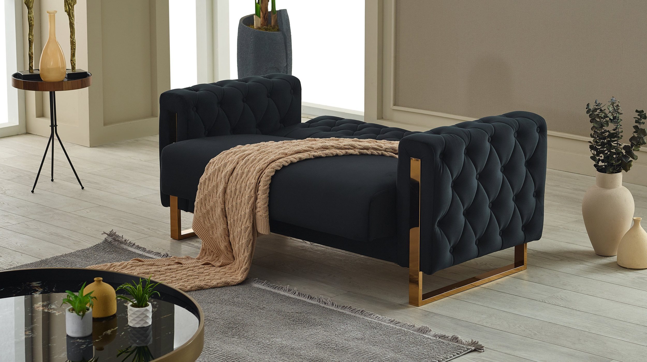 Einzelsofa mit Bettkasten 2-Sitzer schwarz - gold 167 cm - CRYSTAL